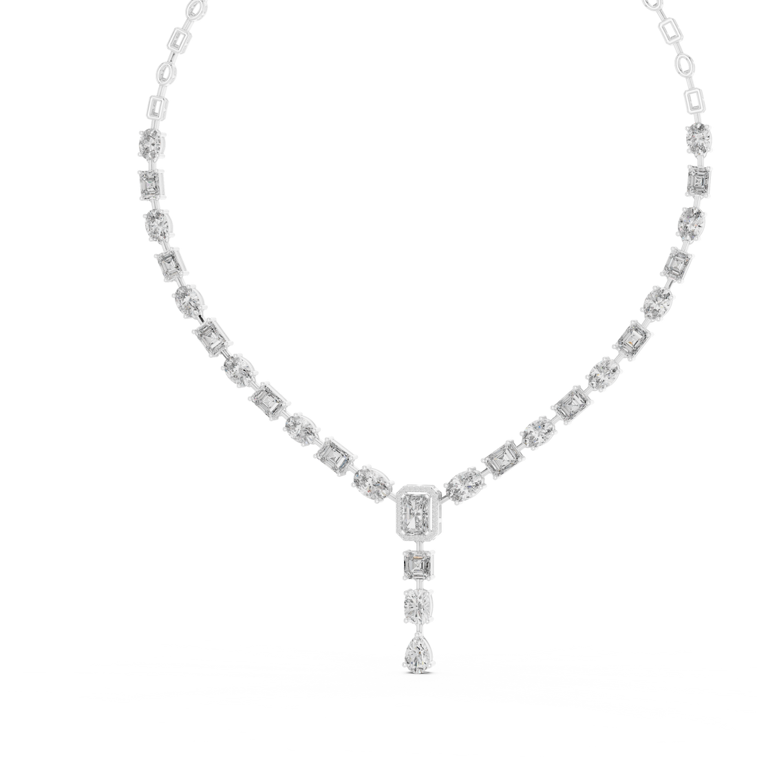 Mixed Cut Diamond Link Chain Necklace with Emerald Cut Drop Pendant