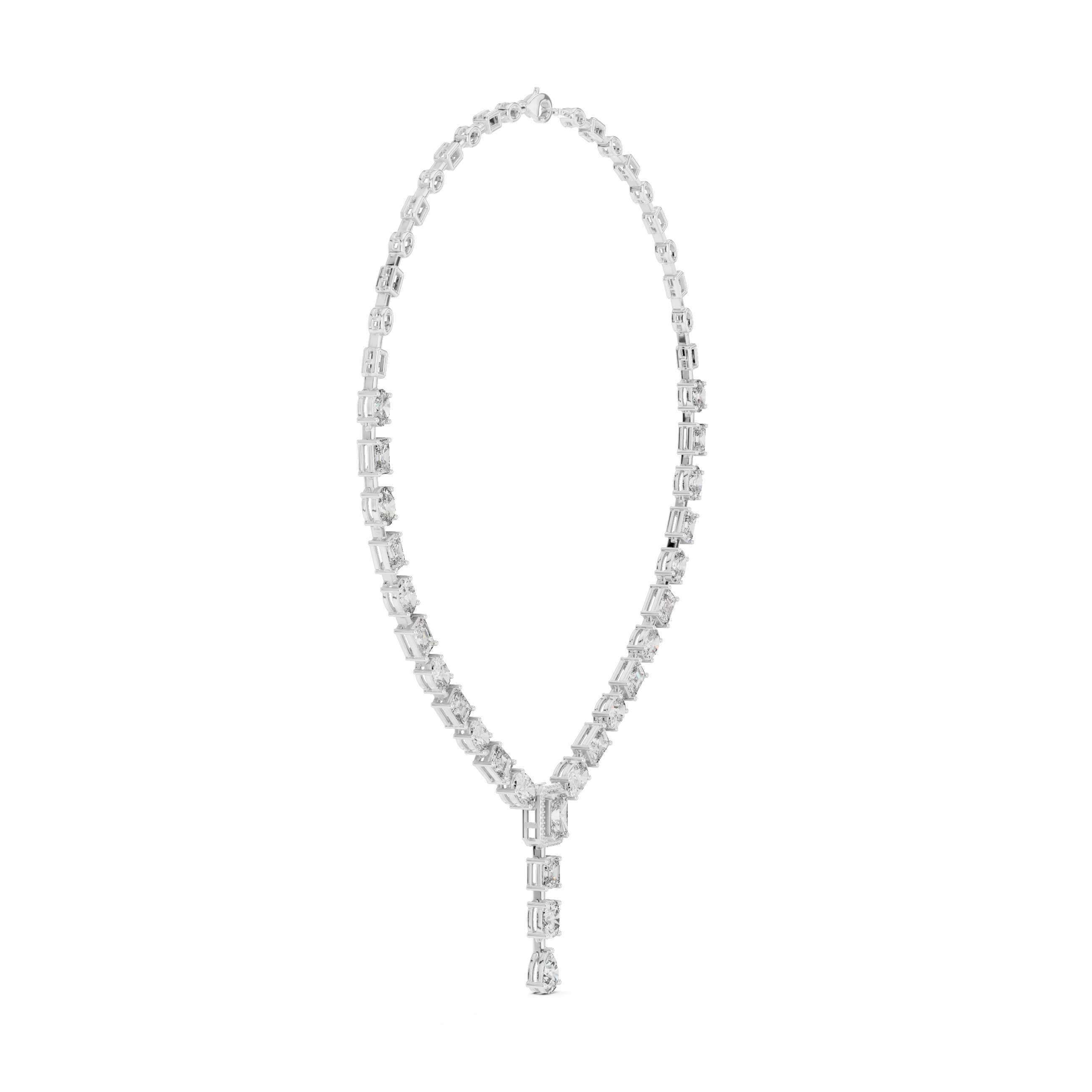 Mixed Cut Diamond Link Chain Necklace with Emerald Cut Drop Pendant