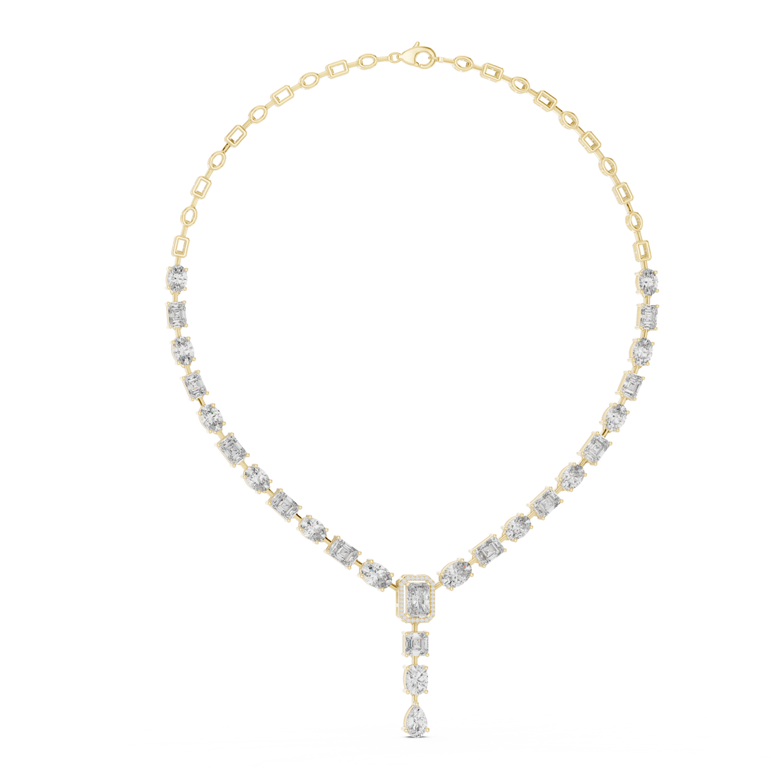 Mixed Cut Diamond Link Chain Necklace with Emerald Cut Drop Pendant