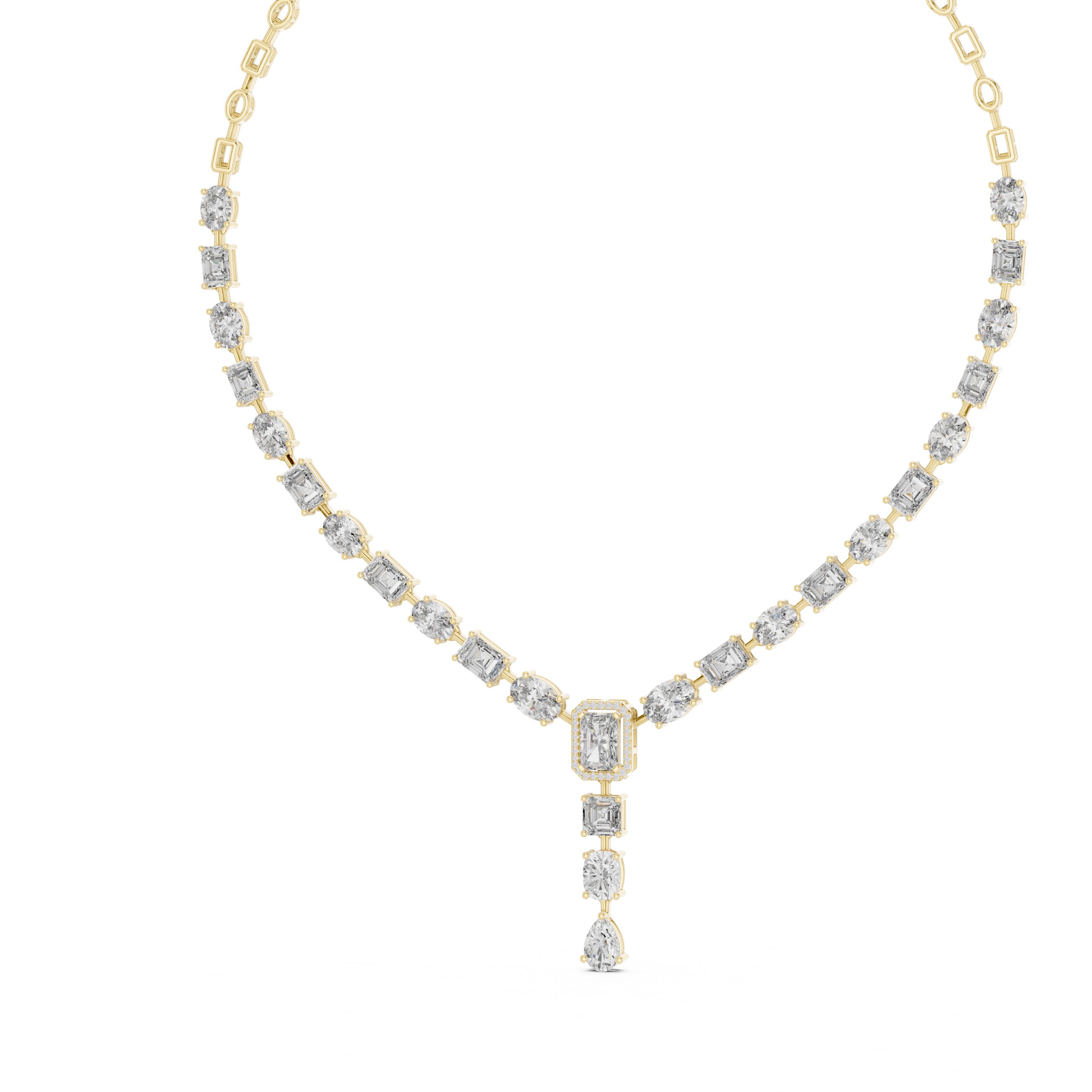 Mixed Cut Diamond Link Chain Necklace with Emerald Cut Drop Pendant