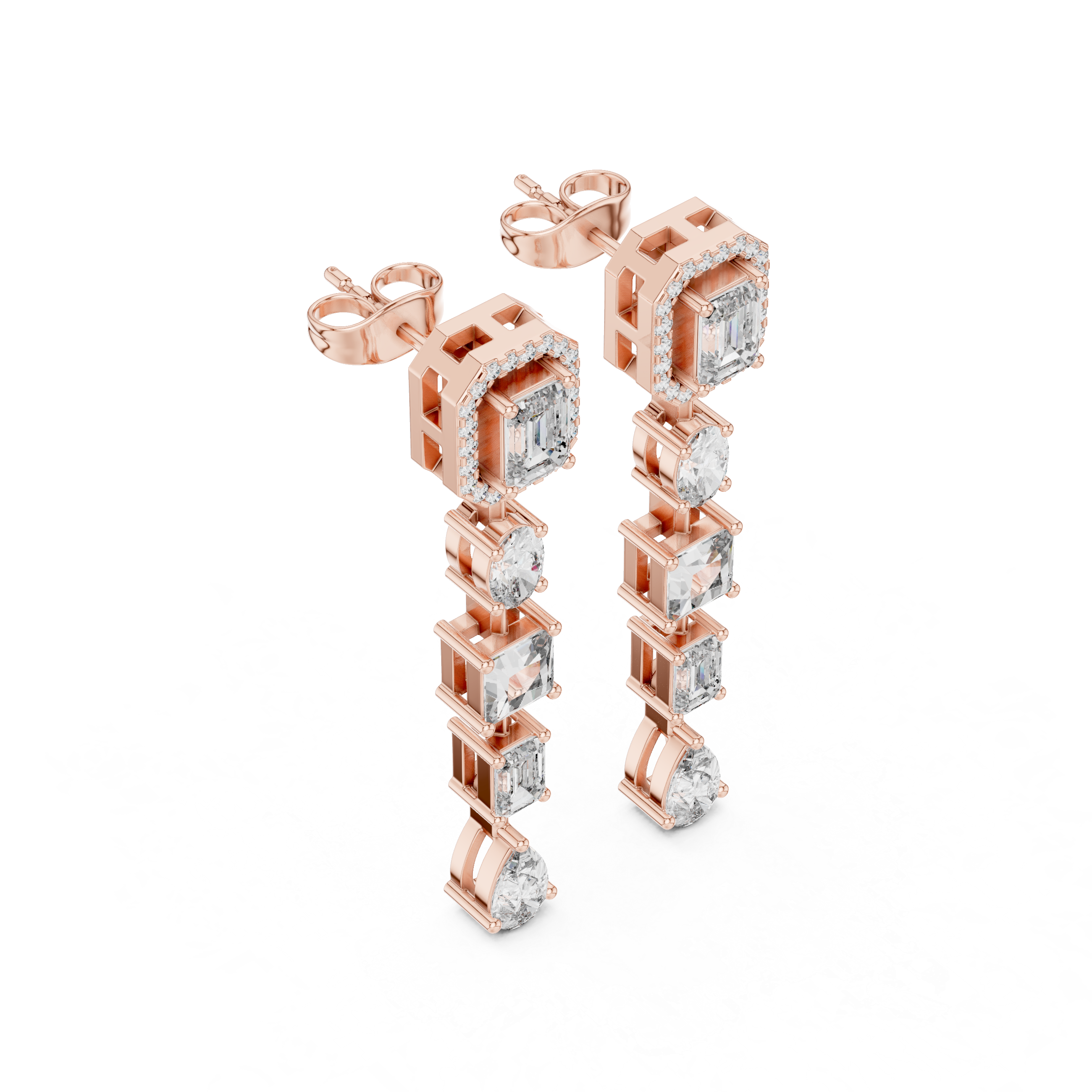 Emerald Oval Princess and Pear Diamond Linear Drop Earrings