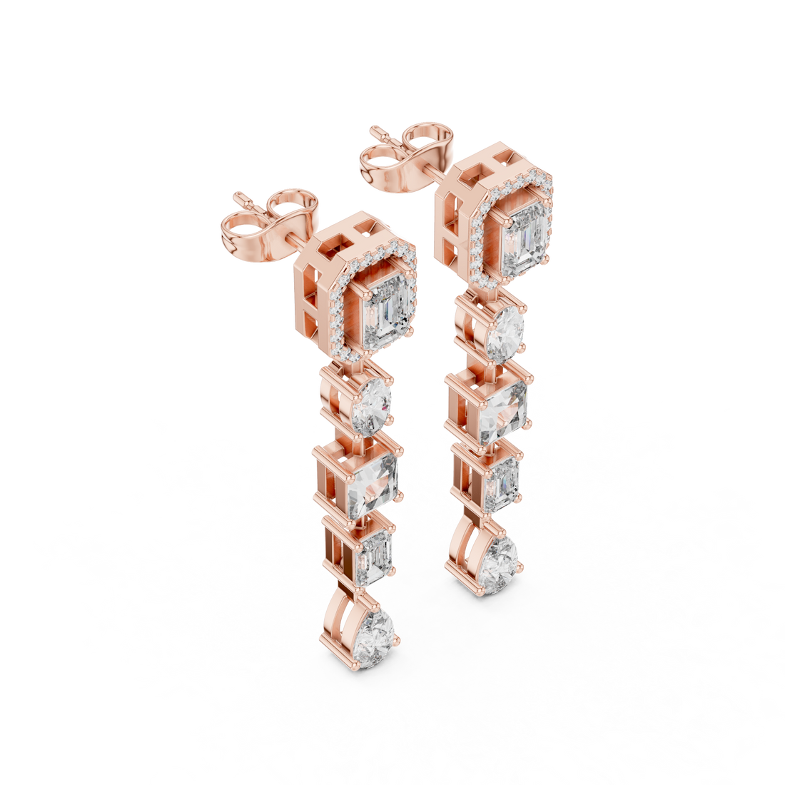 Emerald Oval Princess and Pear Diamond Linear Drop Earrings