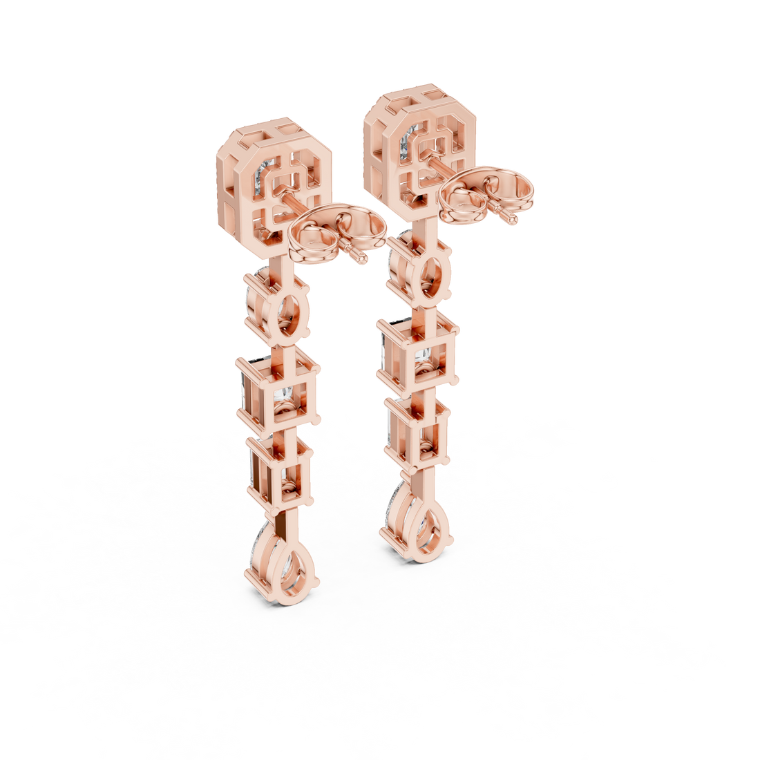 Emerald Oval Princess and Pear Diamond Linear Drop Earrings