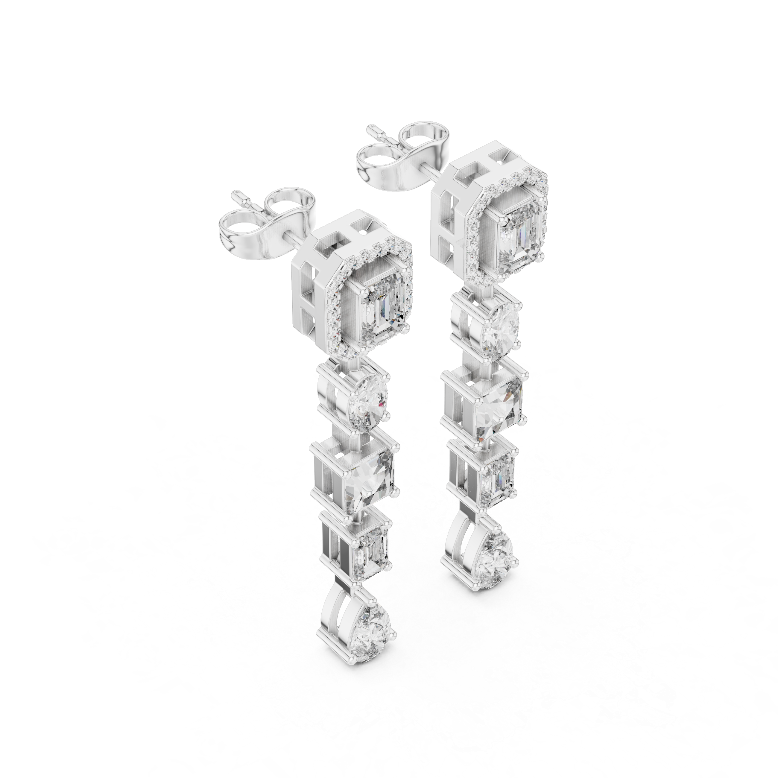 Emerald Oval Princess and Pear Diamond Linear Drop Earrings