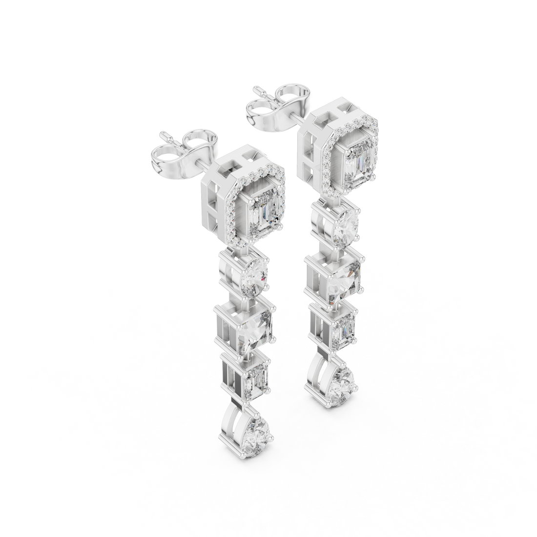 Emerald Oval Princess and Pear Diamond Linear Drop Earrings