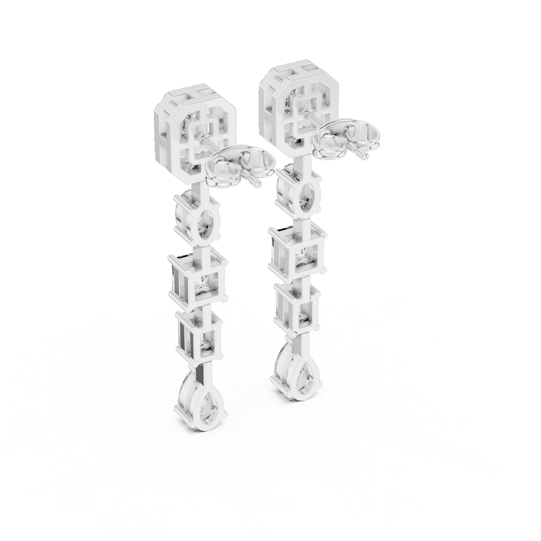 Emerald Oval Princess and Pear Diamond Linear Drop Earrings