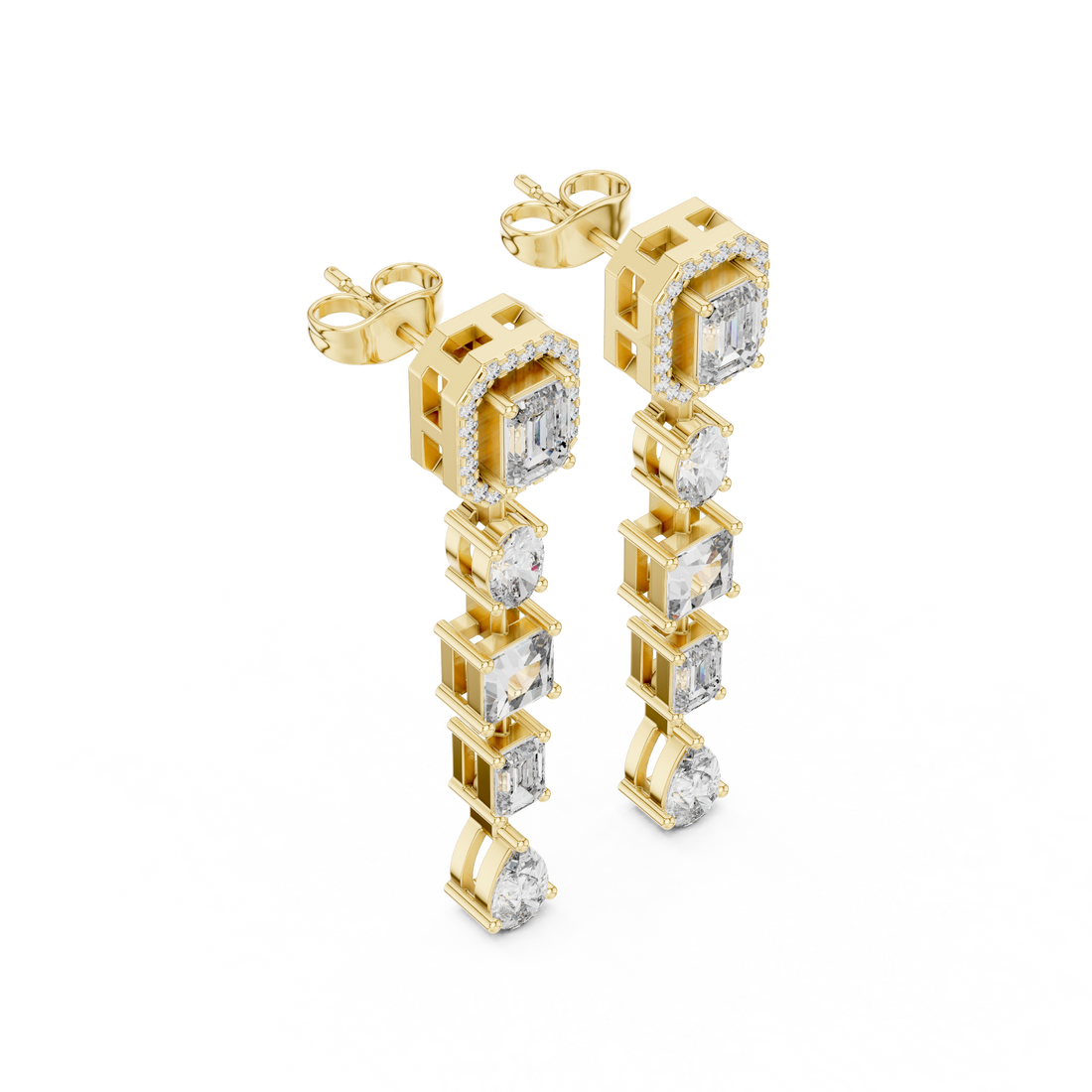 Emerald Oval Princess and Pear Diamond Linear Drop Earrings