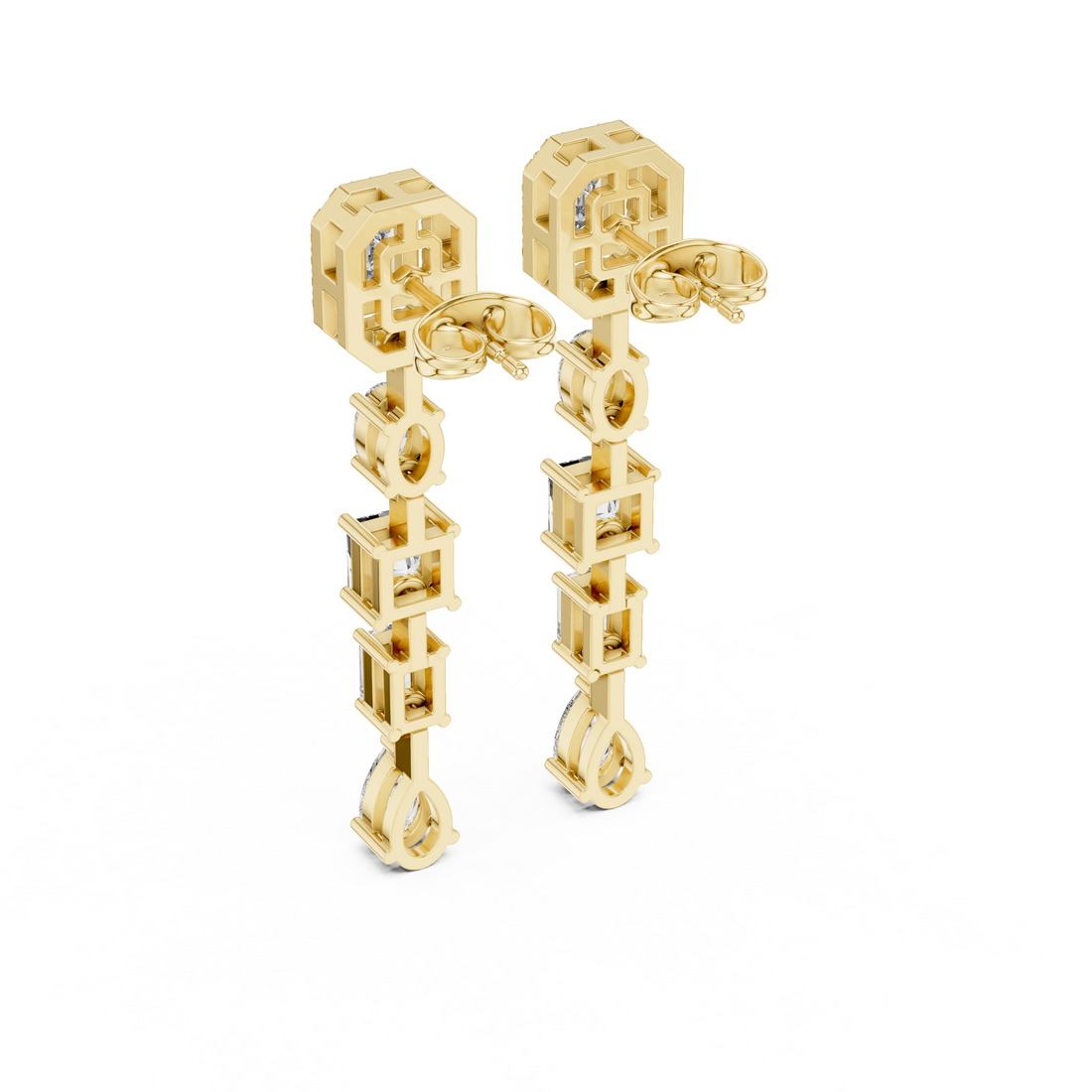 Emerald Oval Princess and Pear Diamond Linear Drop Earrings