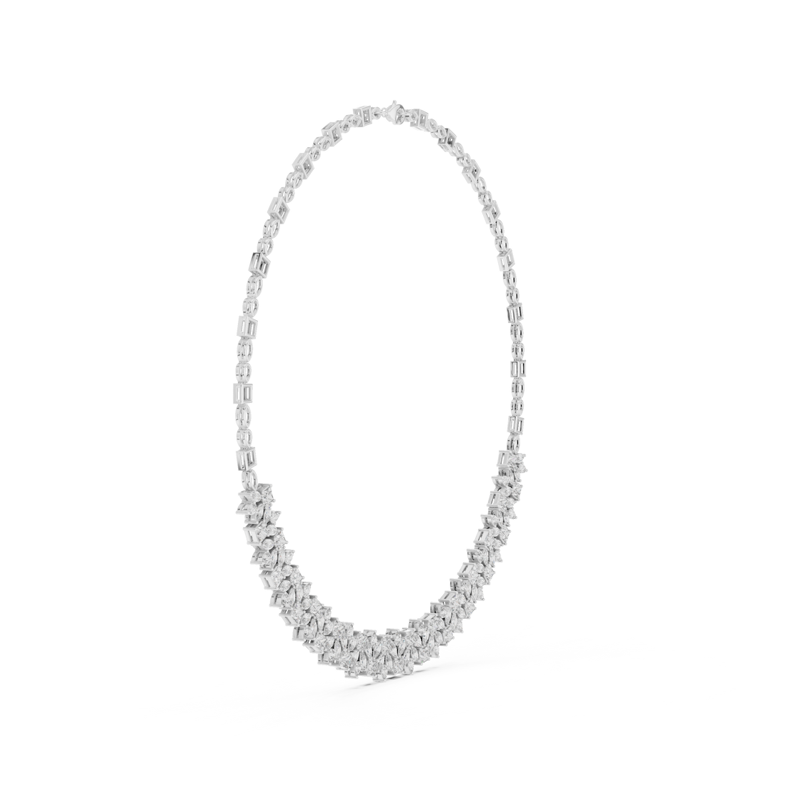 Pear Marquise and Princess Cut Diamond Statement Necklace with Graduated Floral Cluster Design