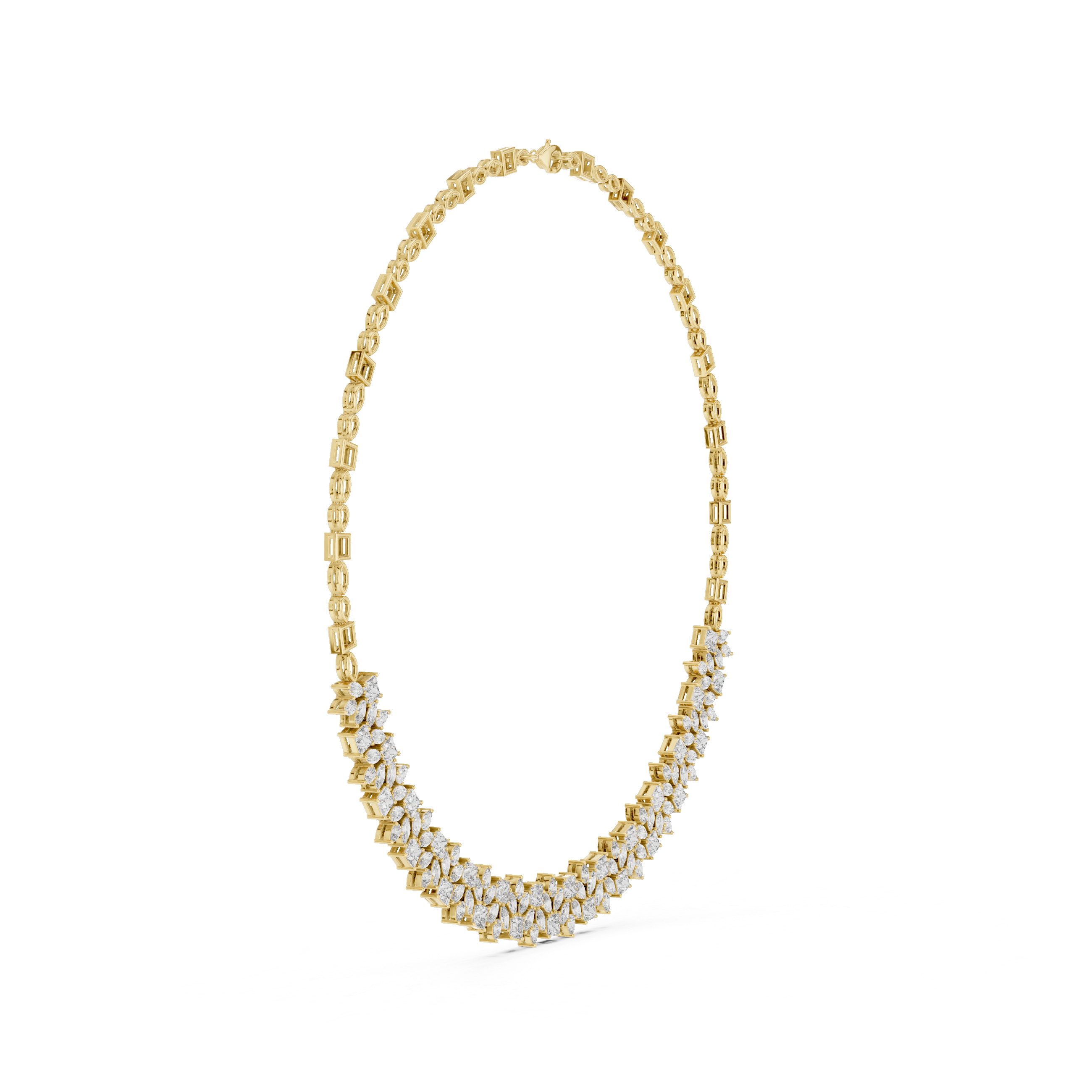 Pear Marquise and Princess Cut Diamond Statement Necklace with Graduated Floral Cluster Design