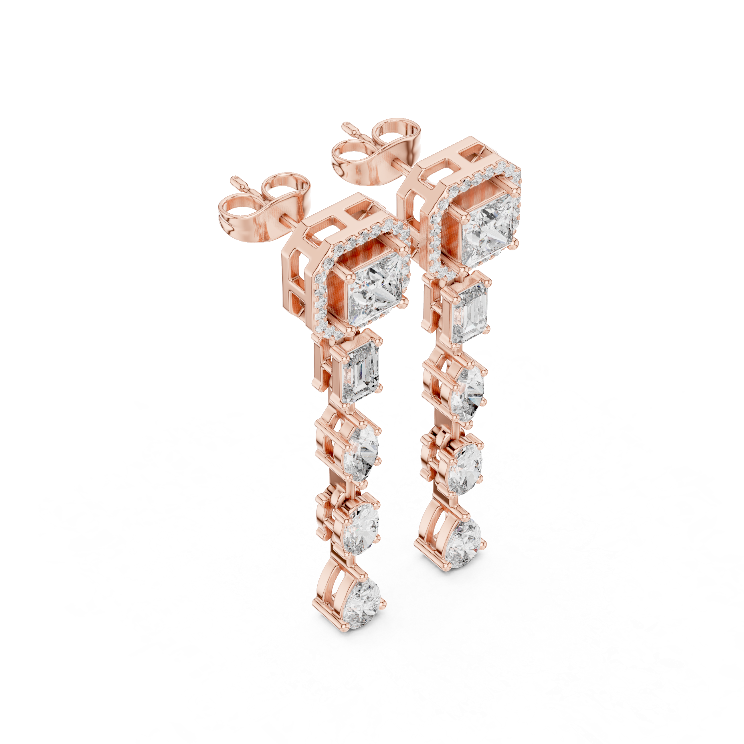 Princess Emerald Oval Marquise and Pear Diamond Linear Drop Earrings