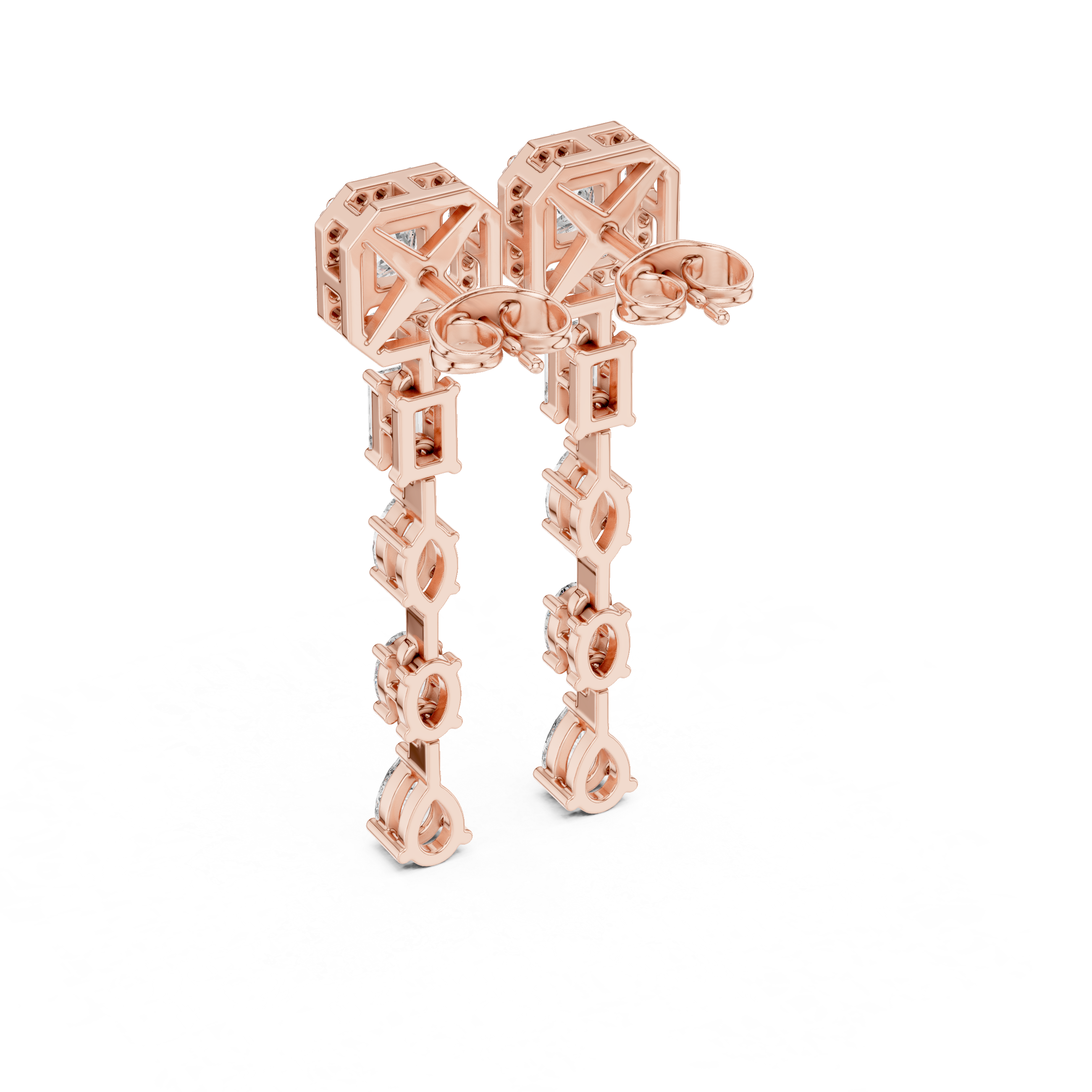 Princess Emerald Oval Marquise and Pear Diamond Linear Drop Earrings