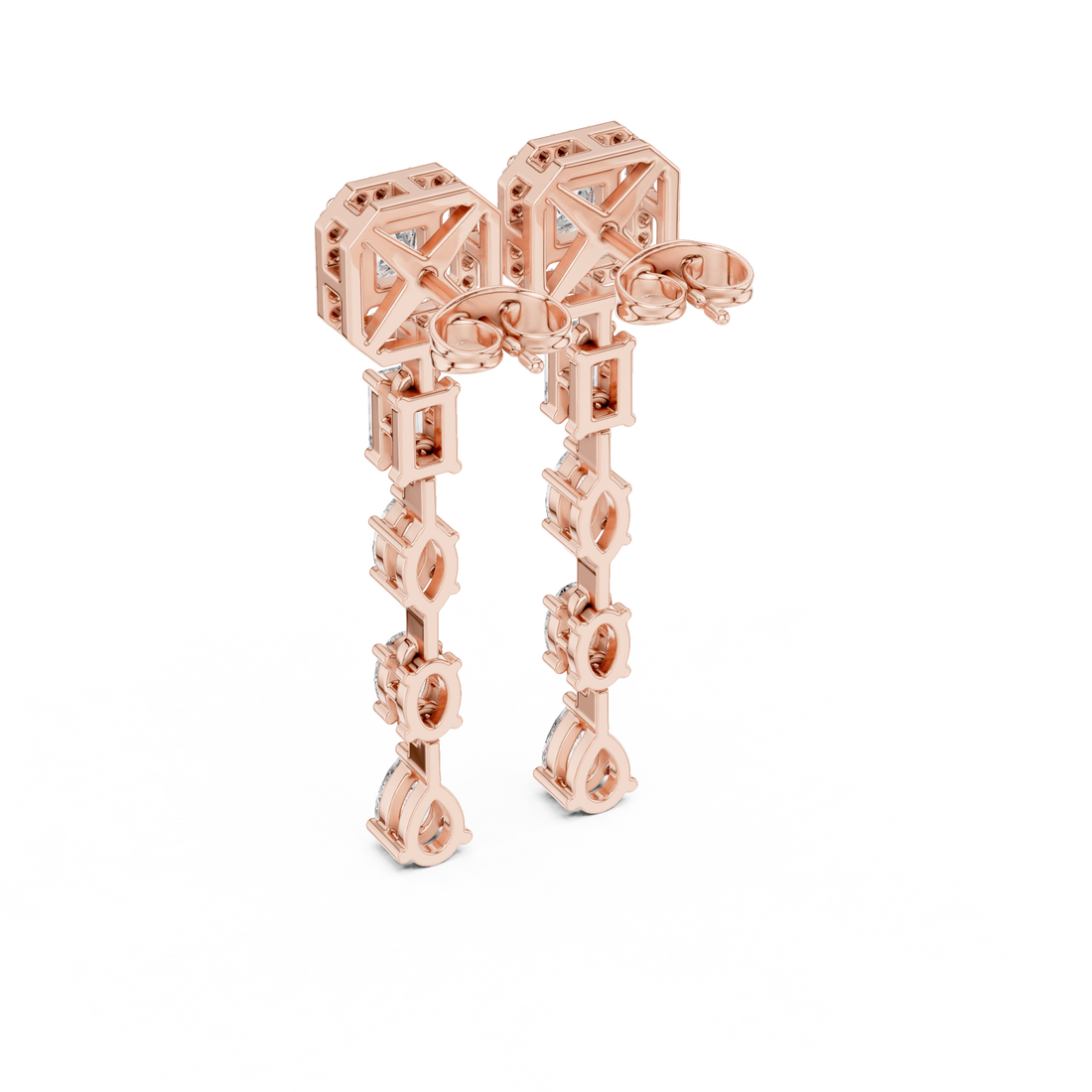 Princess Emerald Oval Marquise and Pear Diamond Linear Drop Earrings