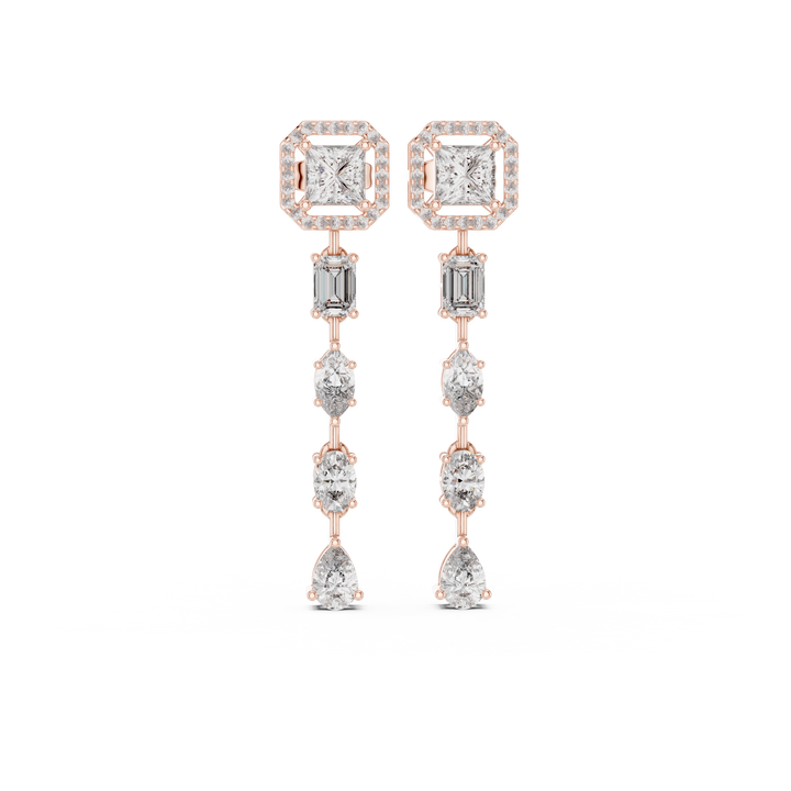 Princess Emerald Oval Marquise and Pear Diamond Linear Drop Earrings