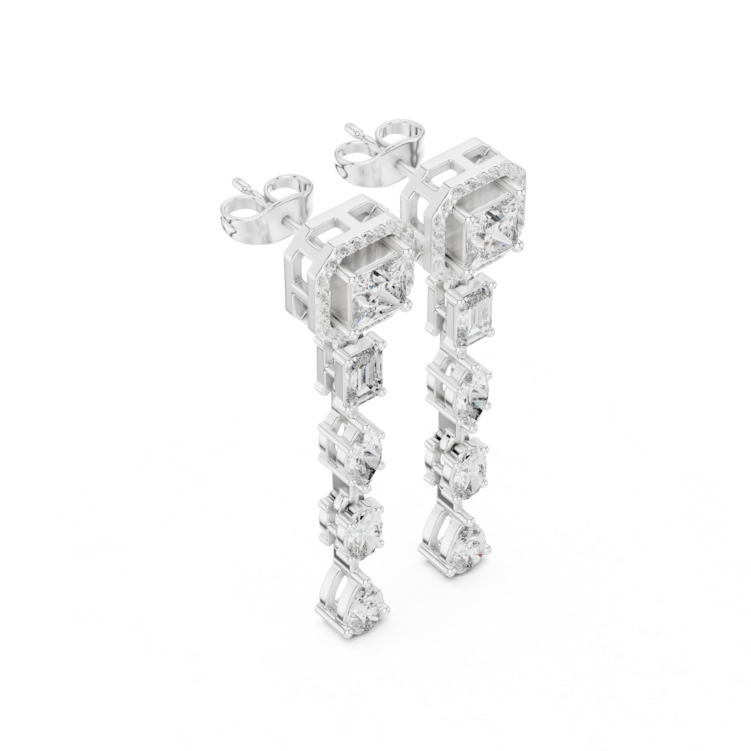 Princess Emerald Oval Marquise and Pear Diamond Linear Drop Earrings