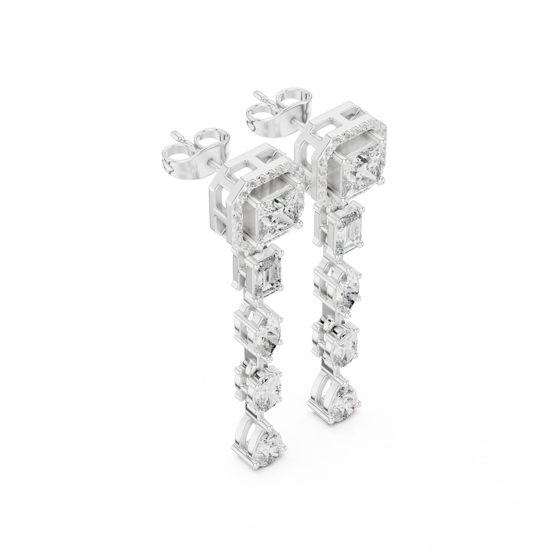 Princess Emerald Oval Marquise and Pear Diamond Linear Drop Earrings