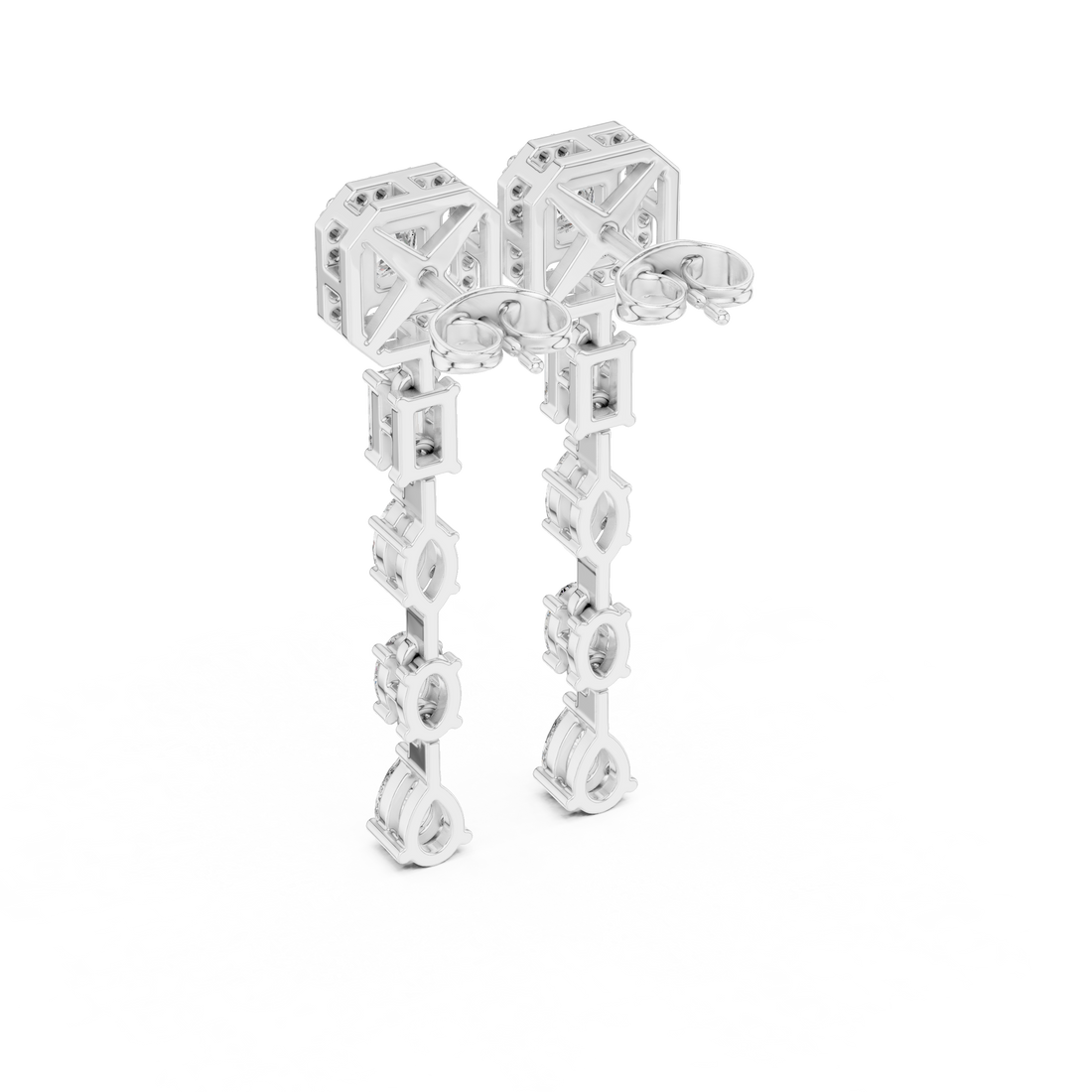 Princess Emerald Oval Marquise and Pear Diamond Linear Drop Earrings