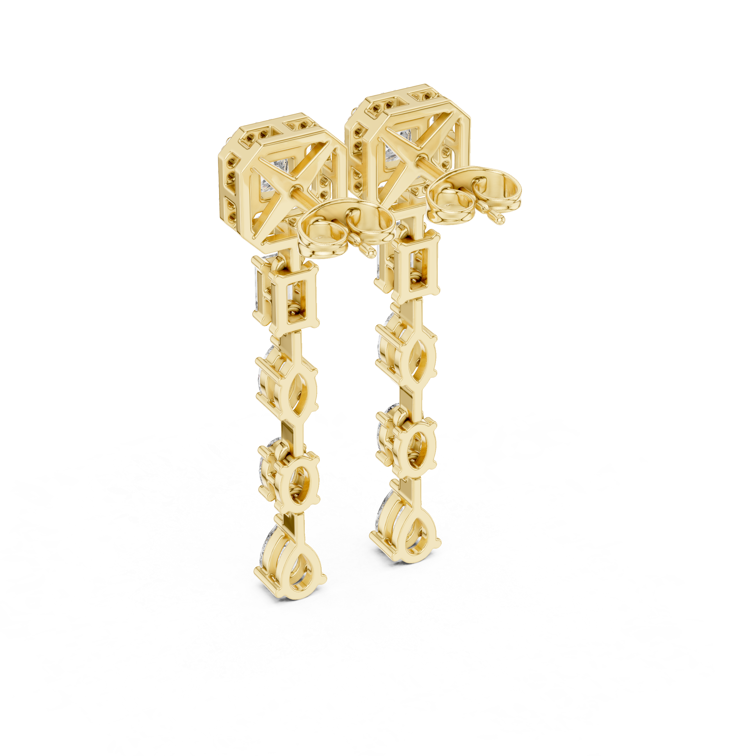 Princess Emerald Oval Marquise and Pear Diamond Linear Drop Earrings