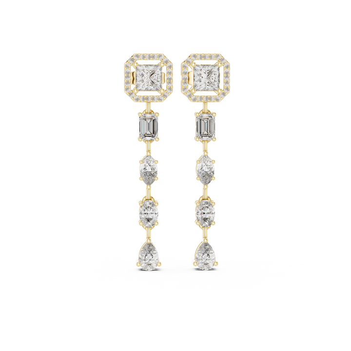 Princess Emerald Oval Marquise and Pear Diamond Linear Drop Earrings