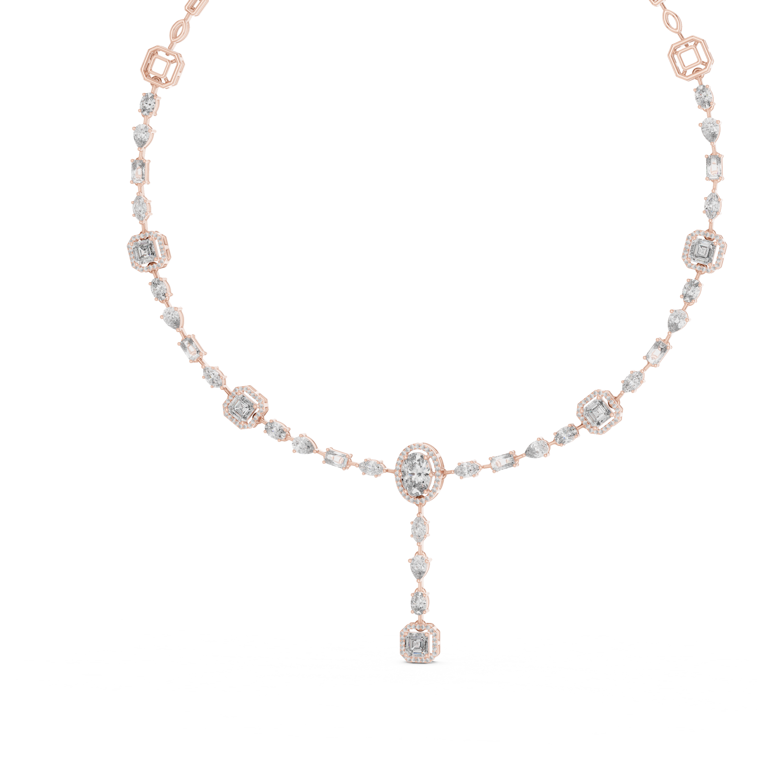 Mixed Cut Diamond Halo Station Necklace with Oval Drop Pendant and Graduated Diamond Chain