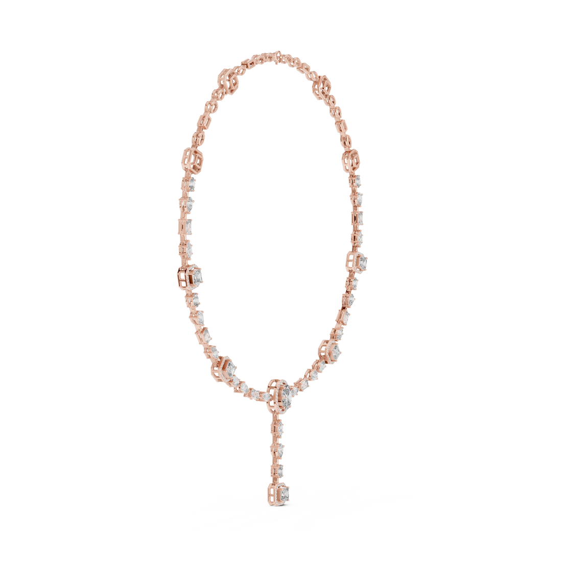 Mixed Cut Diamond Halo Station Necklace with Oval Drop Pendant and Graduated Diamond Chain