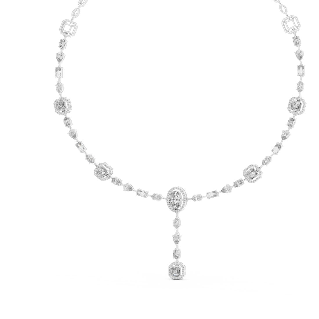 Mixed Cut Diamond Halo Station Necklace with Oval Drop Pendant and Graduated Diamond Chain