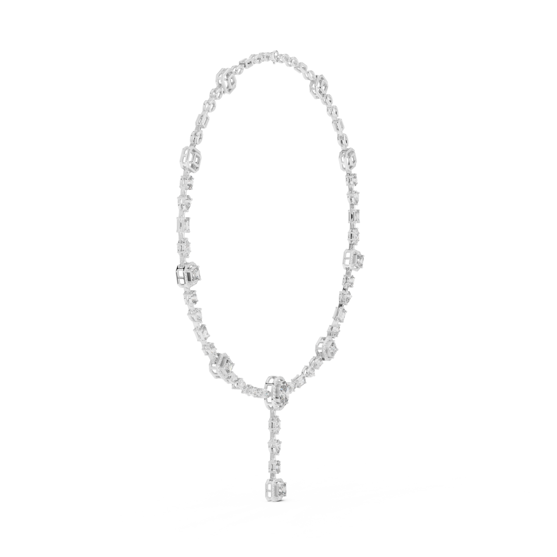 Mixed Cut Diamond Halo Station Necklace with Oval Drop Pendant and Graduated Diamond Chain