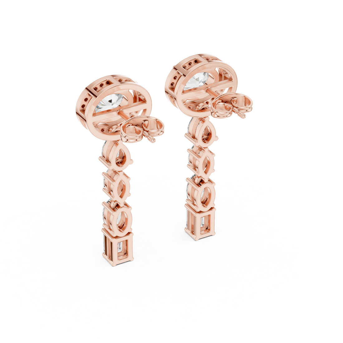 Oval Halo and Mixed Cut Diamond Linear Drop Earrings