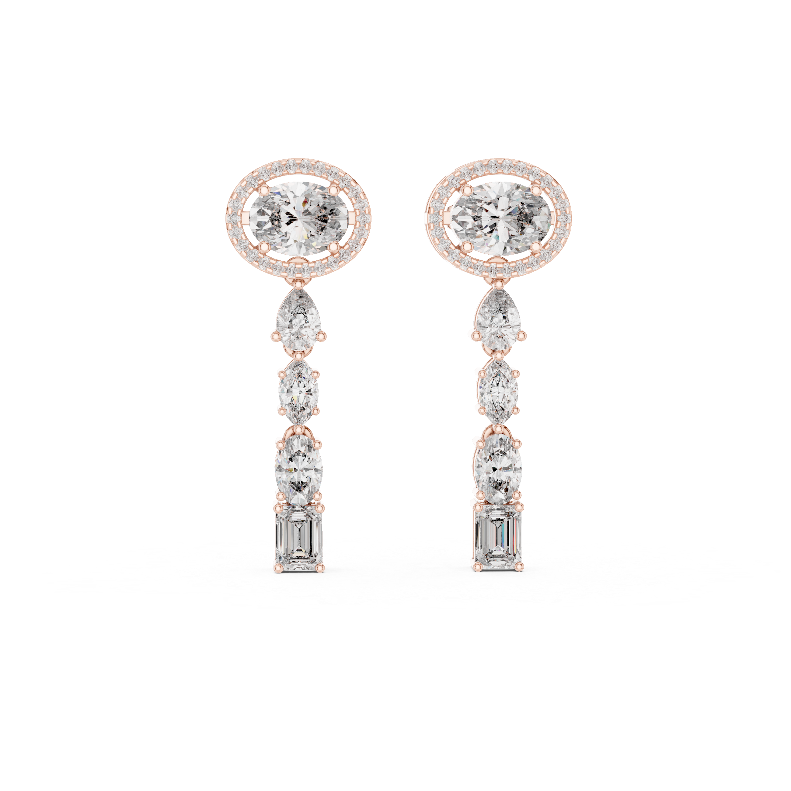 Oval Halo and Mixed Cut Diamond Linear Drop Earrings