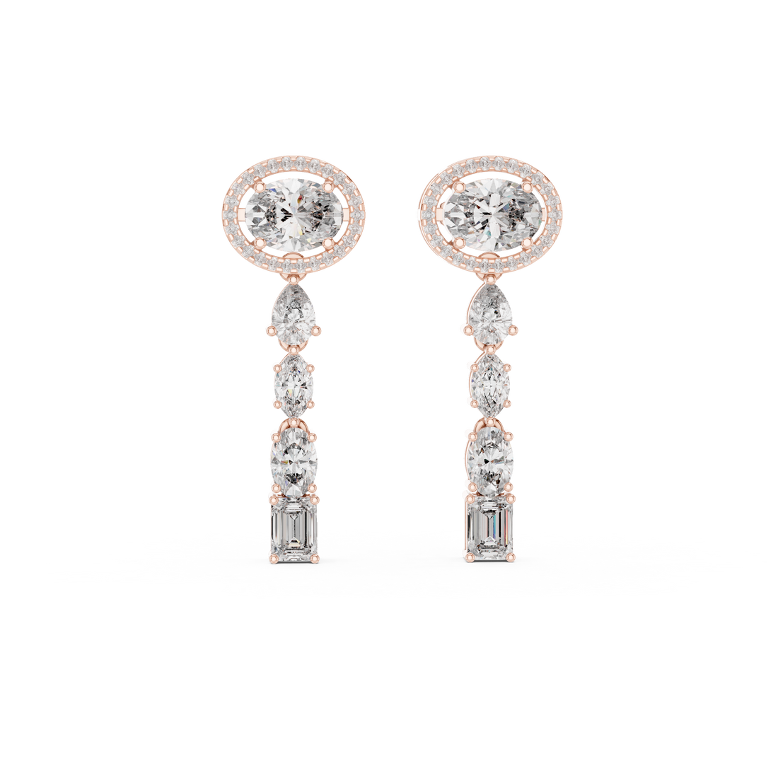 Oval Halo and Mixed Cut Diamond Linear Drop Earrings