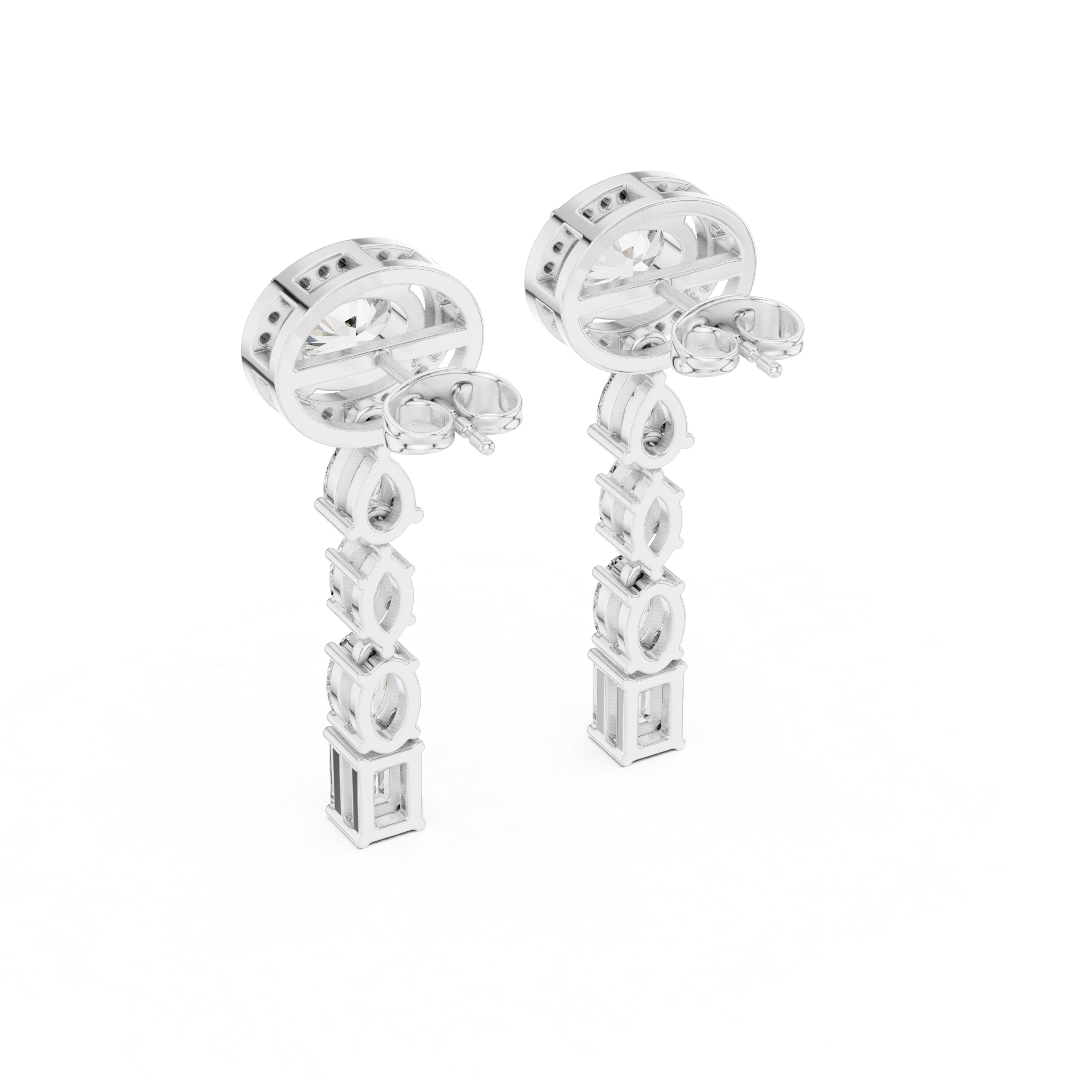 Oval Halo and Mixed Cut Diamond Linear Drop Earrings