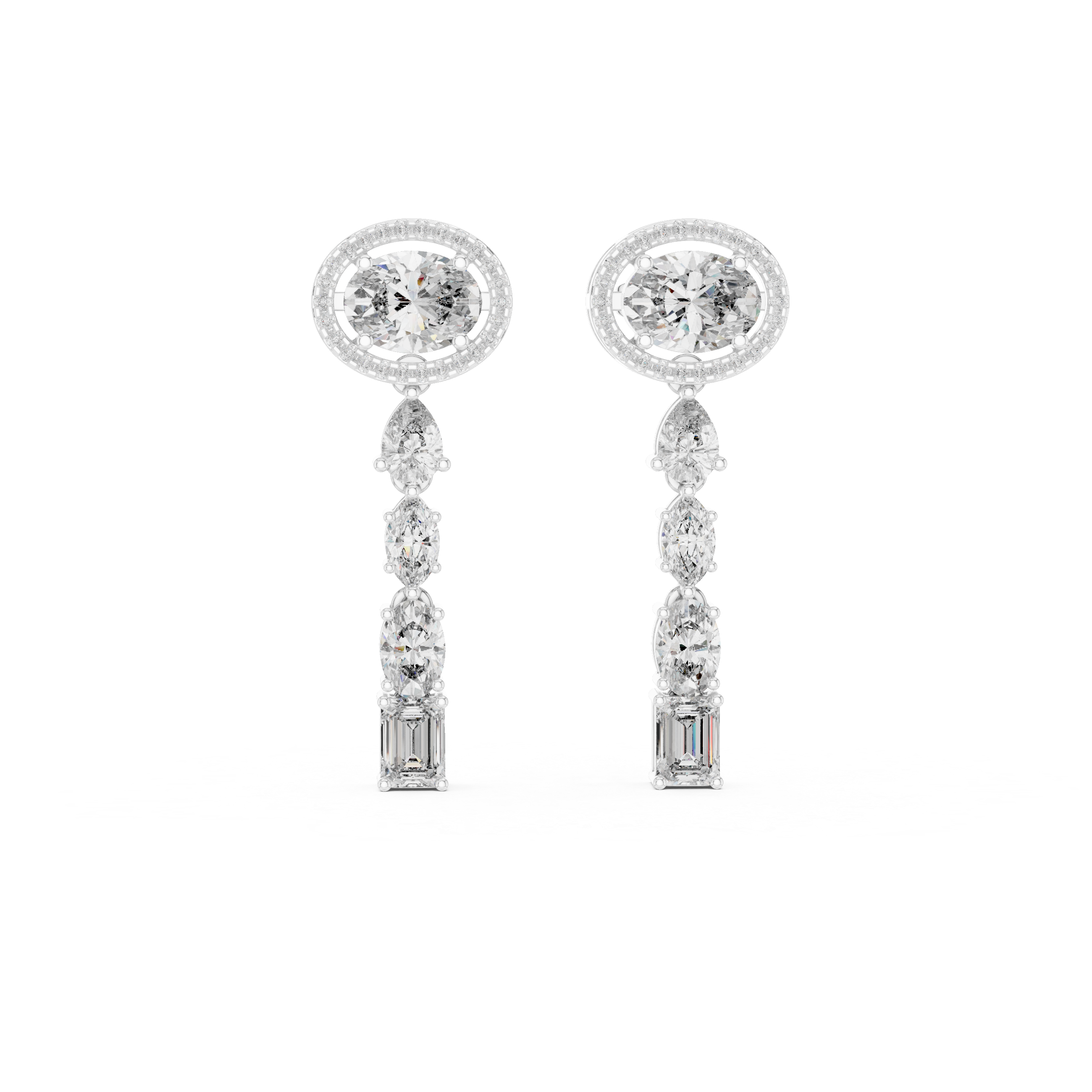 Oval Halo and Mixed Cut Diamond Linear Drop Earrings