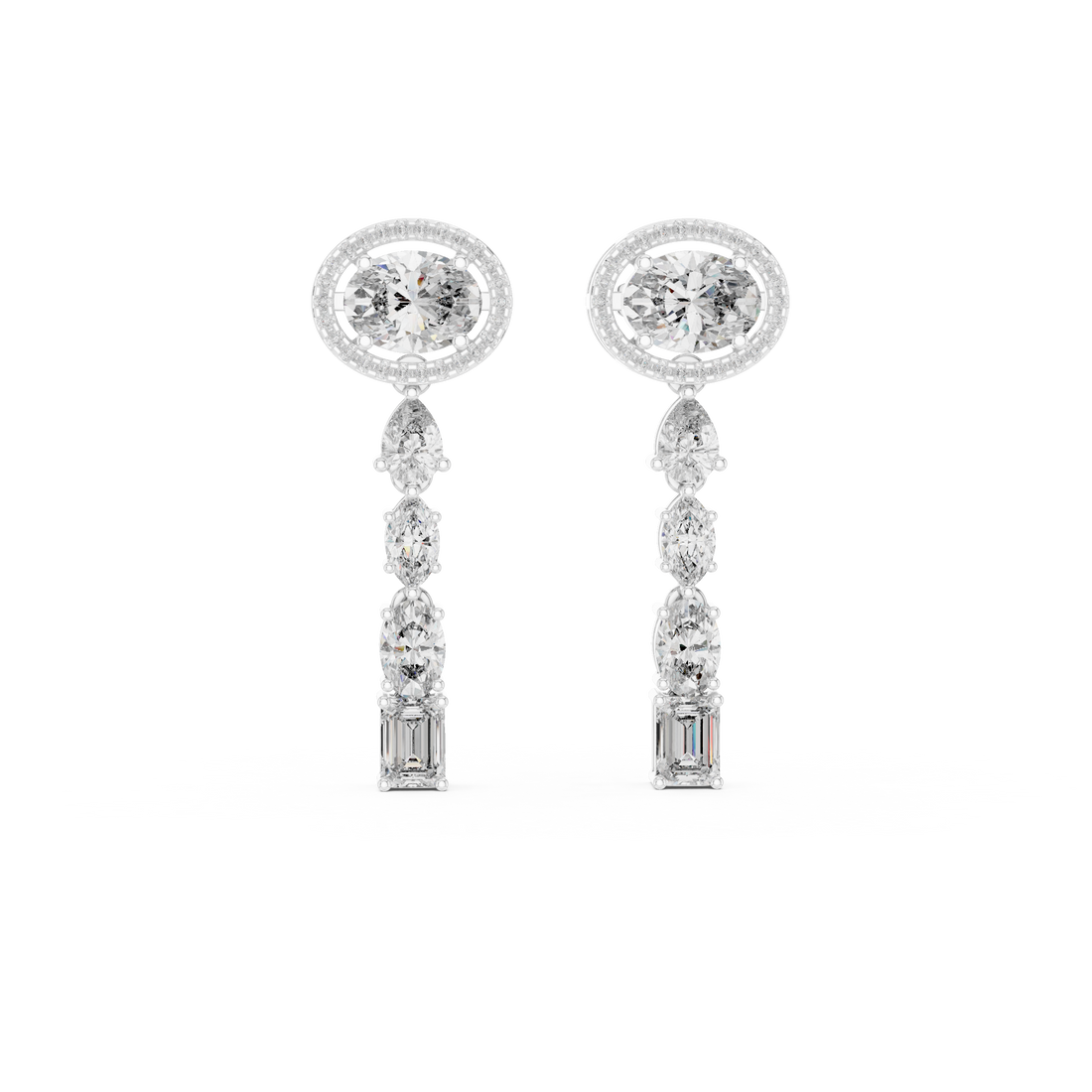 Oval Halo and Mixed Cut Diamond Linear Drop Earrings
