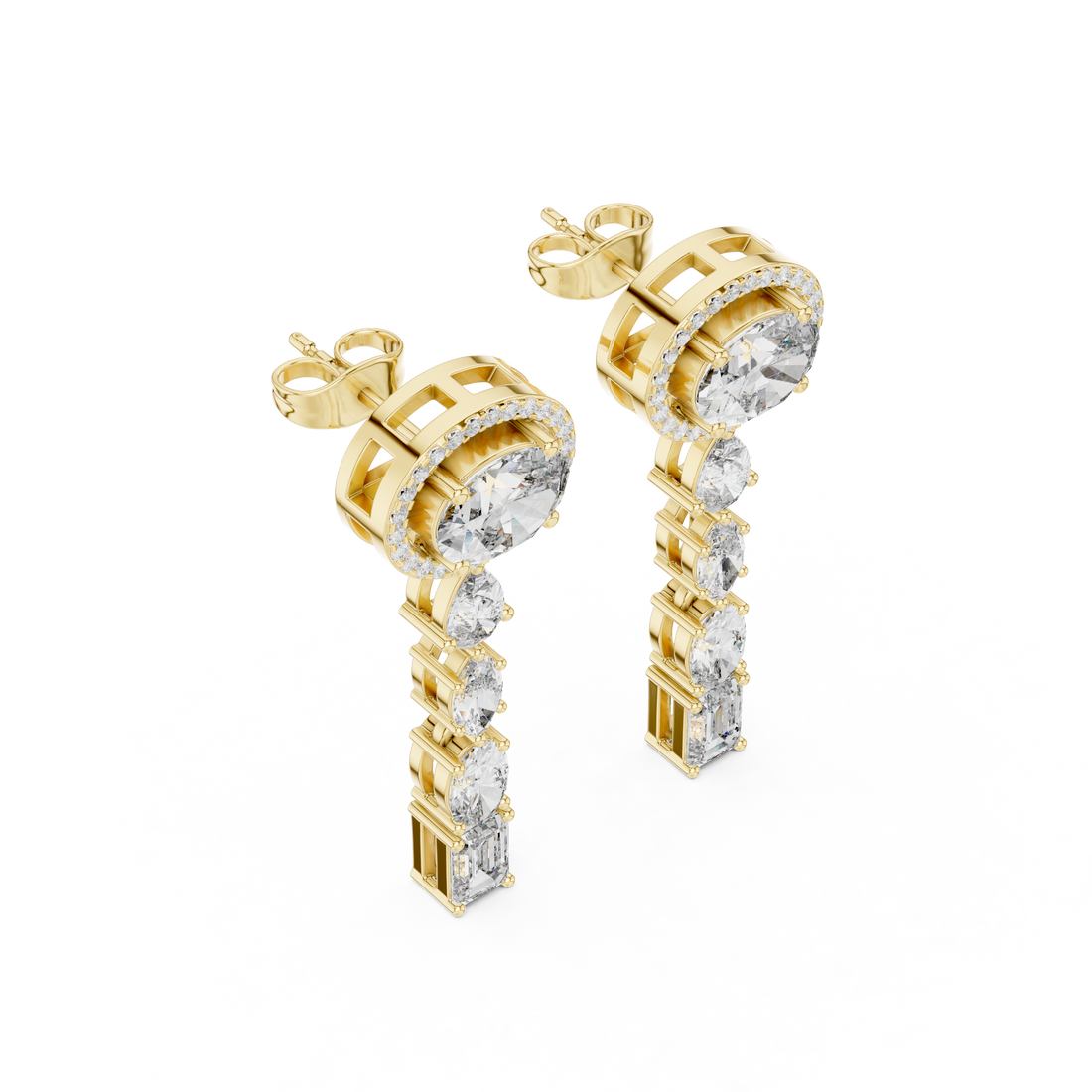 Oval Halo and Mixed Cut Diamond Linear Drop Earrings