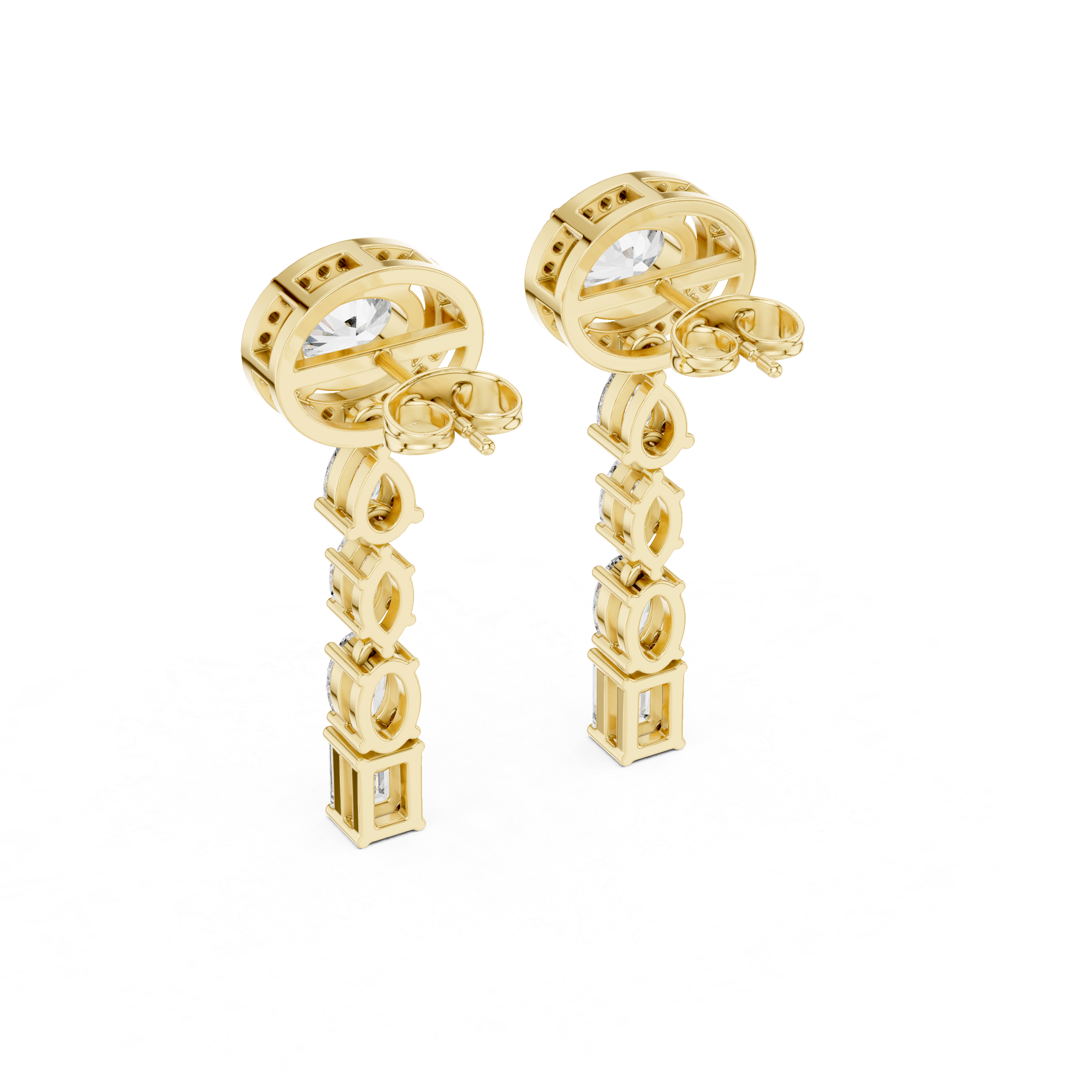 Oval Halo and Mixed Cut Diamond Linear Drop Earrings