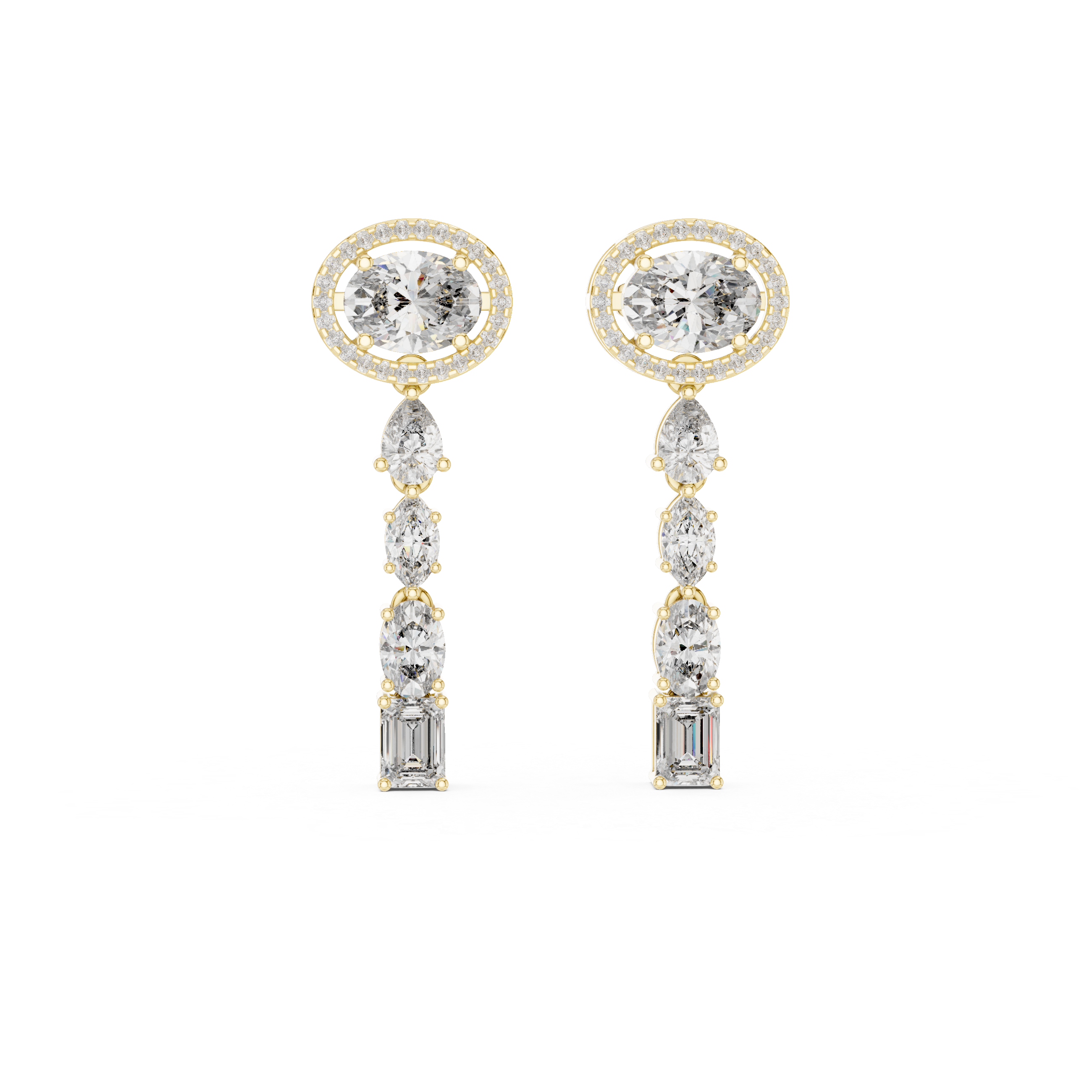 Oval Halo and Mixed Cut Diamond Linear Drop Earrings