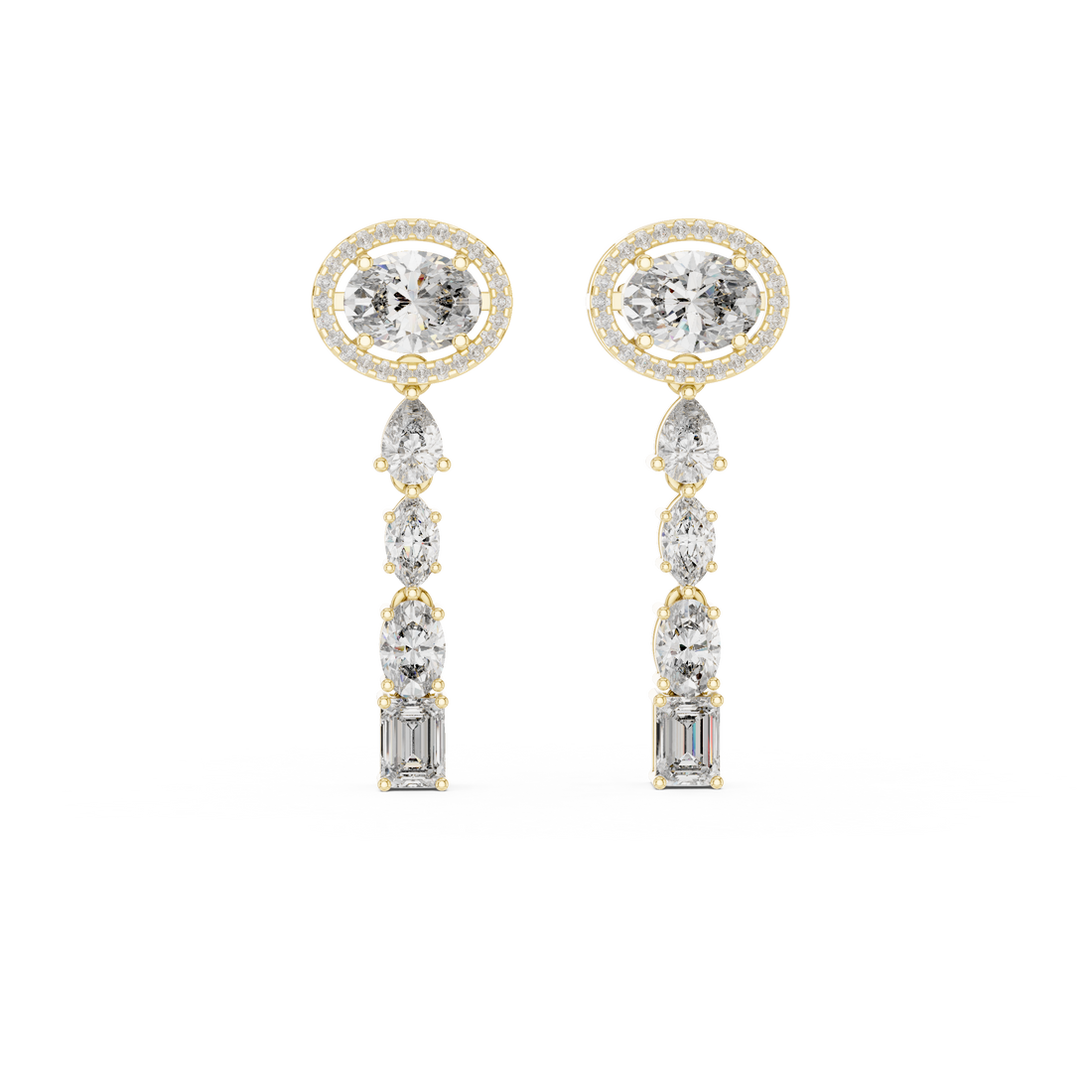 Oval Halo and Mixed Cut Diamond Linear Drop Earrings