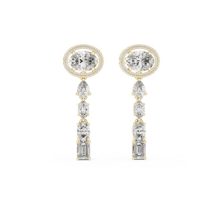 Oval Halo and Mixed Cut Diamond Linear Drop Earrings