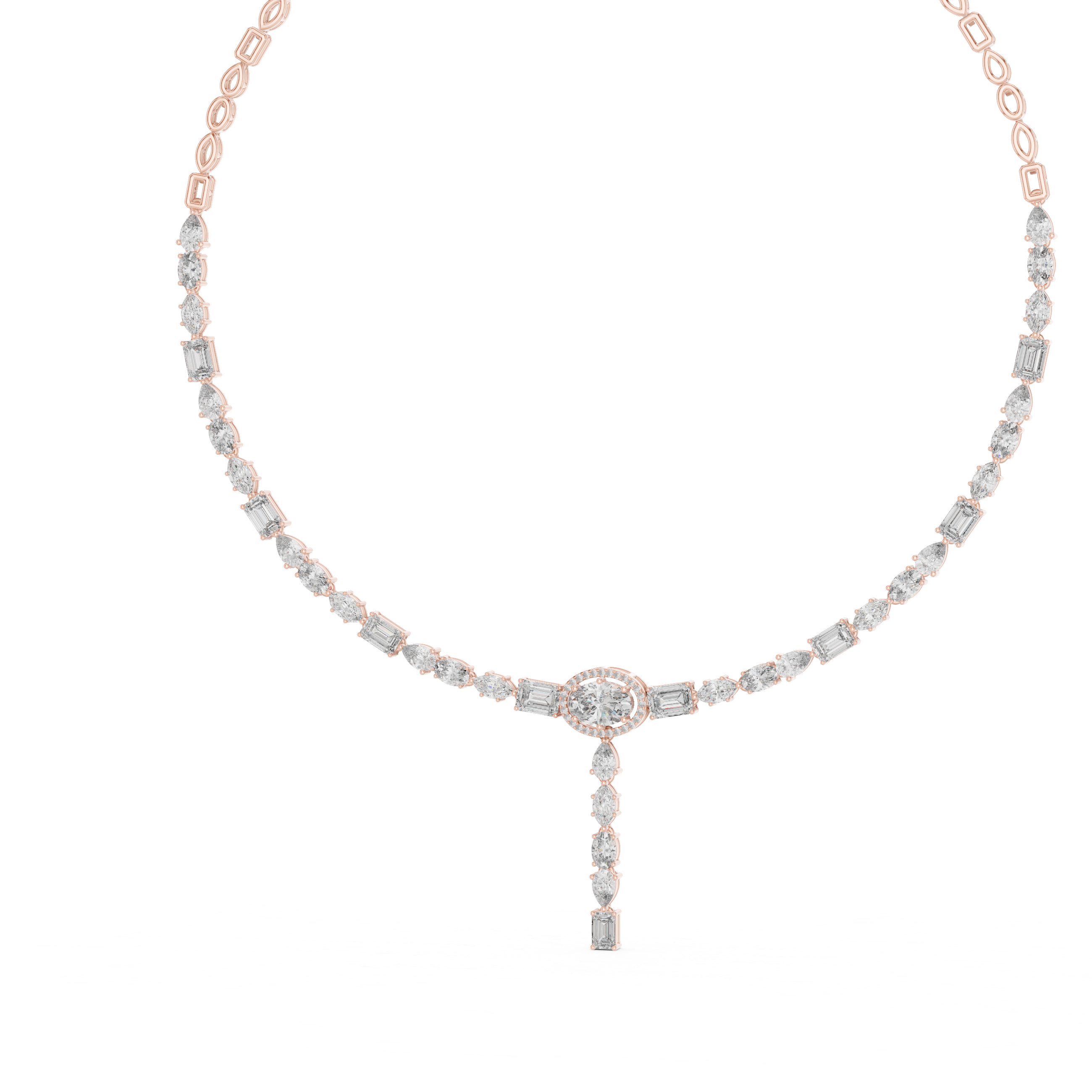 Mixed Cut Diamond Halo Station Drop Pendant Necklace