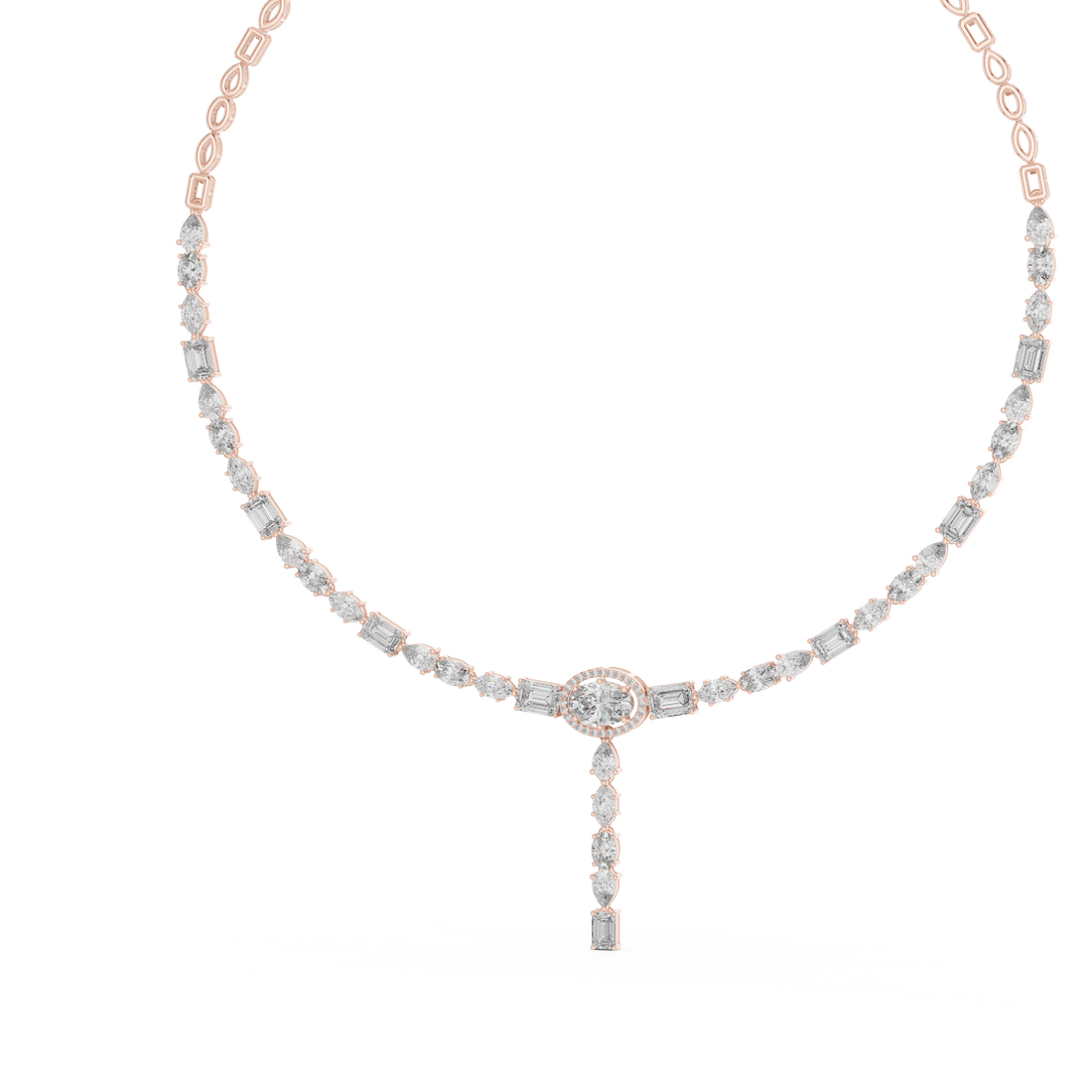 Mixed Cut Diamond Halo Station Drop Pendant Necklace