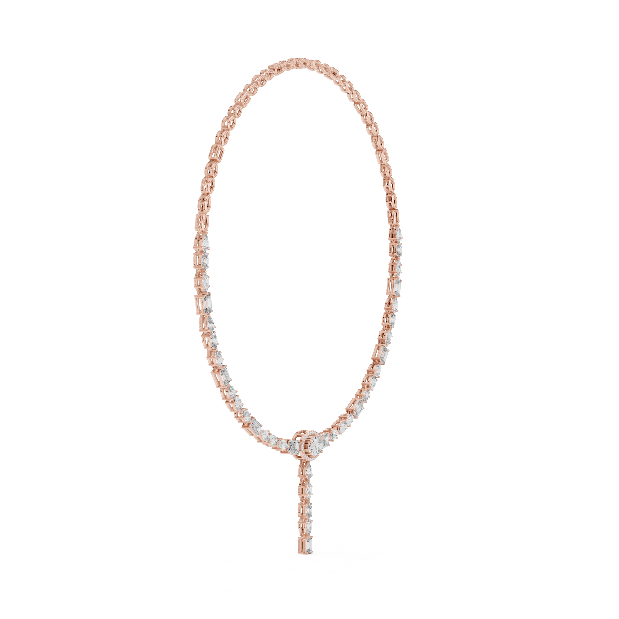 Mixed Cut Diamond Halo Station Drop Pendant Necklace