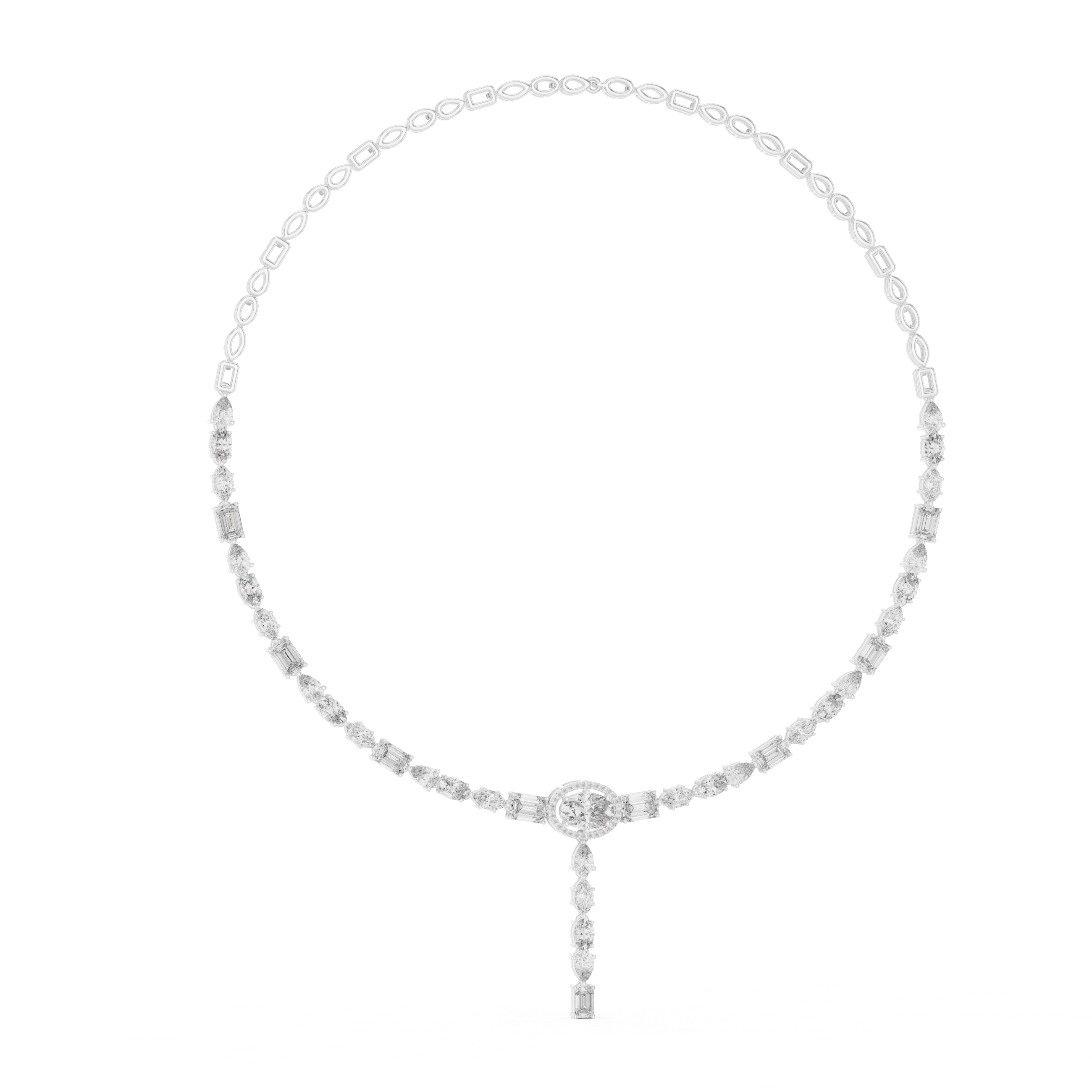 Mixed Cut Diamond Halo Station Drop Pendant Necklace