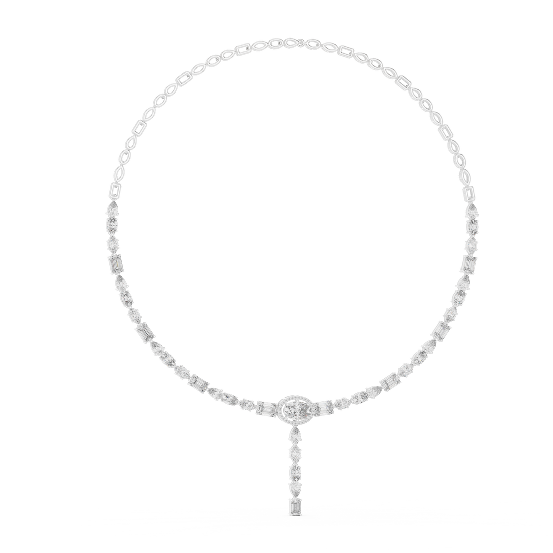 Mixed Cut Diamond Halo Station Drop Pendant Necklace