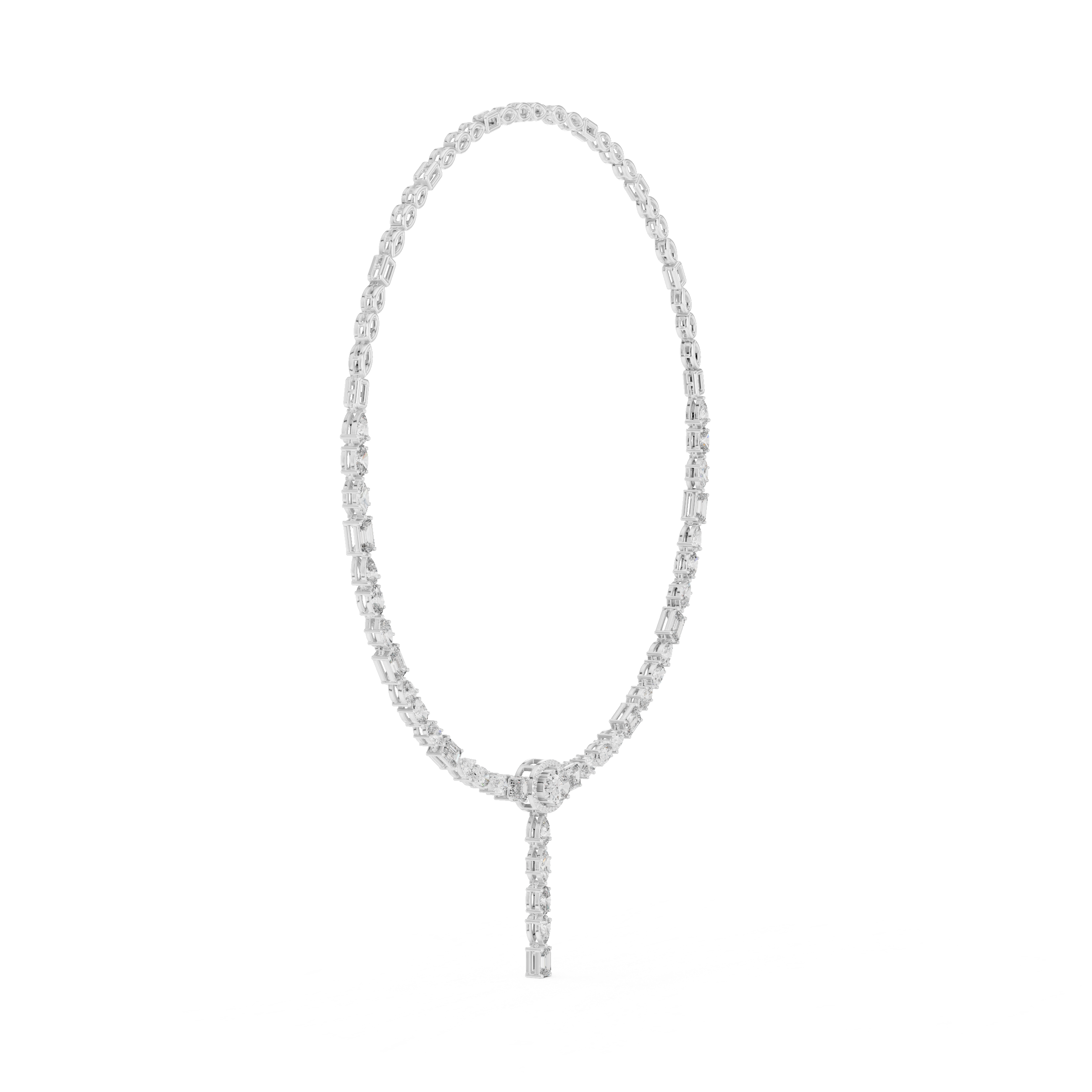 Mixed Cut Diamond Halo Station Drop Pendant Necklace