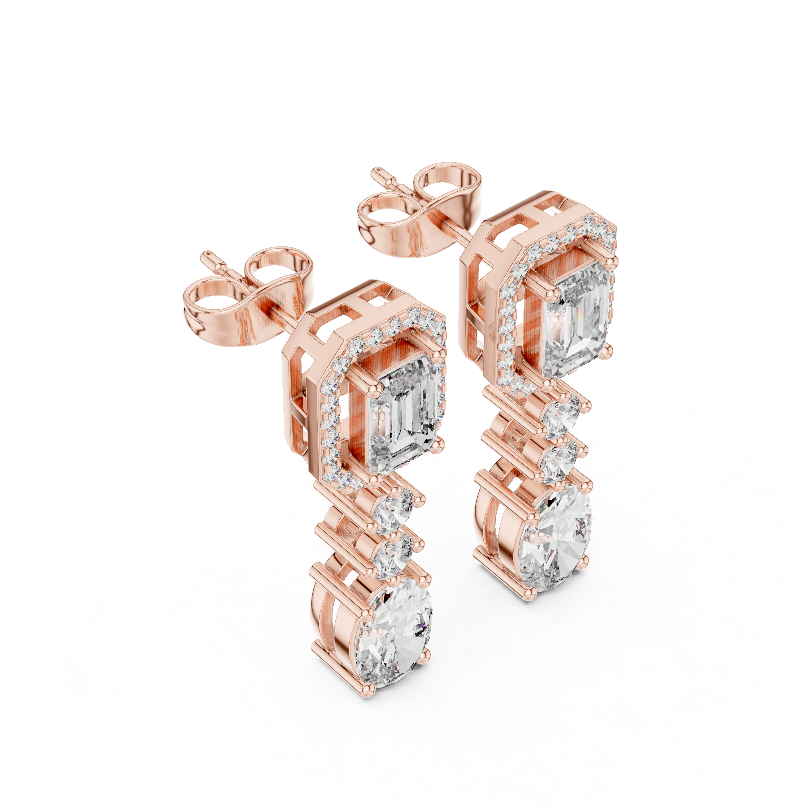 Emerald Halo and Oval Diamond Three Stone Drop Earrings