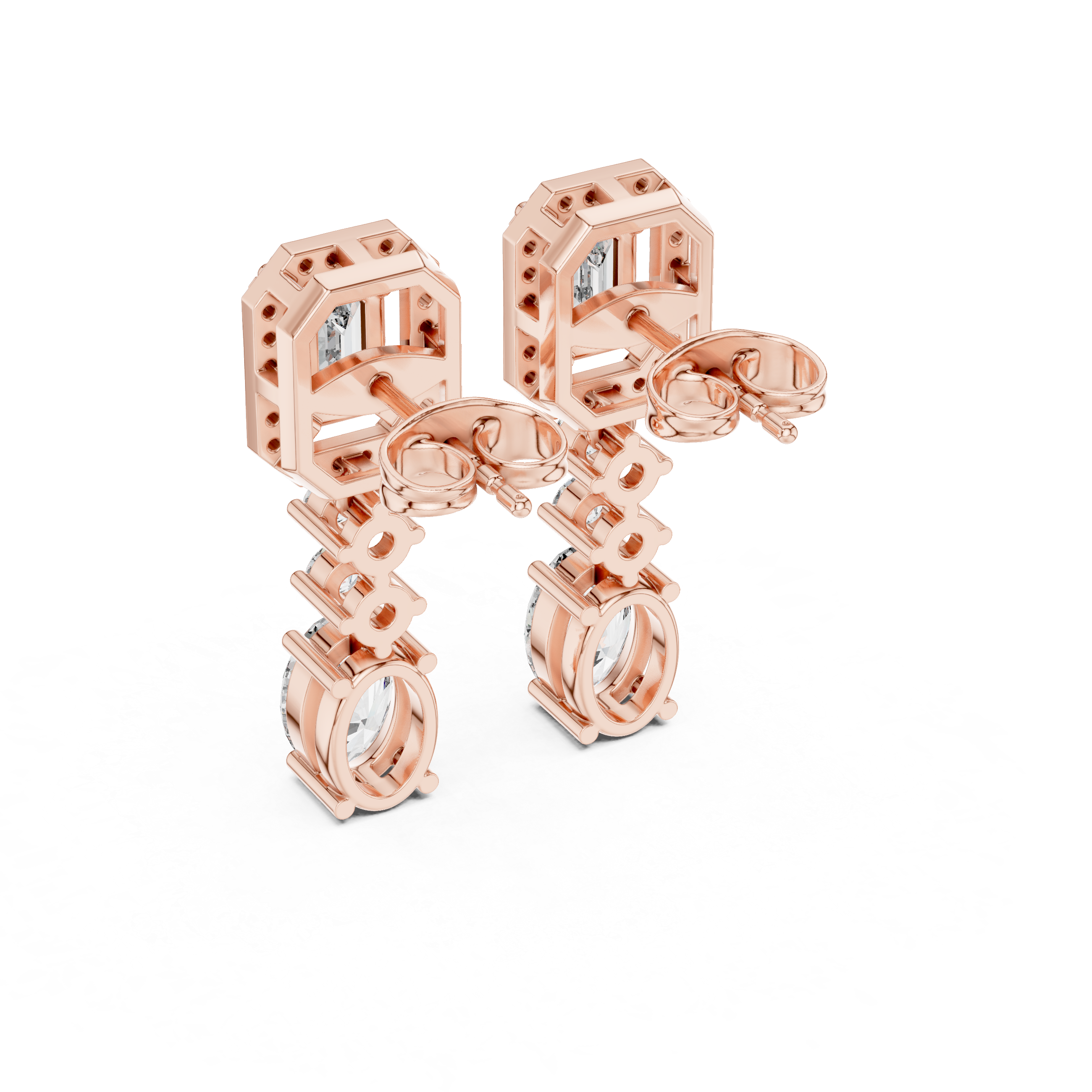 Emerald Halo and Oval Diamond Three Stone Drop Earrings