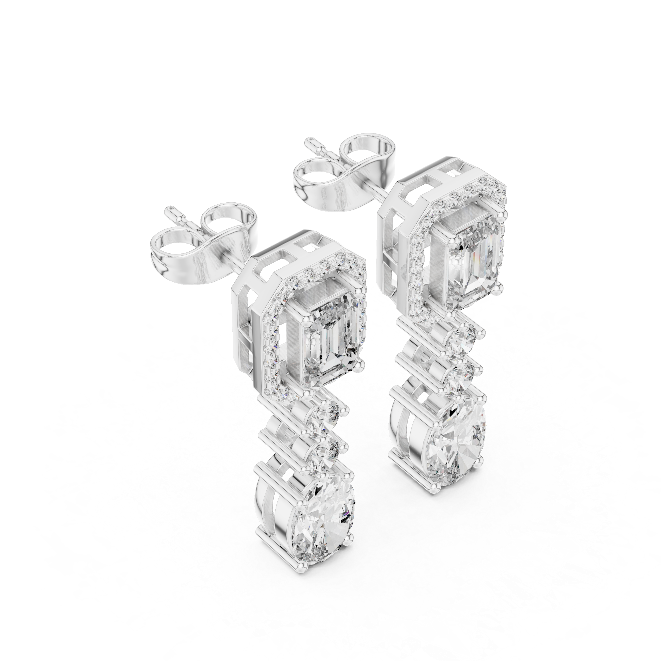 Emerald Halo and Oval Diamond Three Stone Drop Earrings