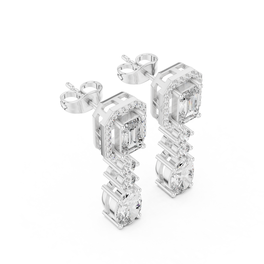 Emerald Halo and Oval Diamond Three Stone Drop Earrings