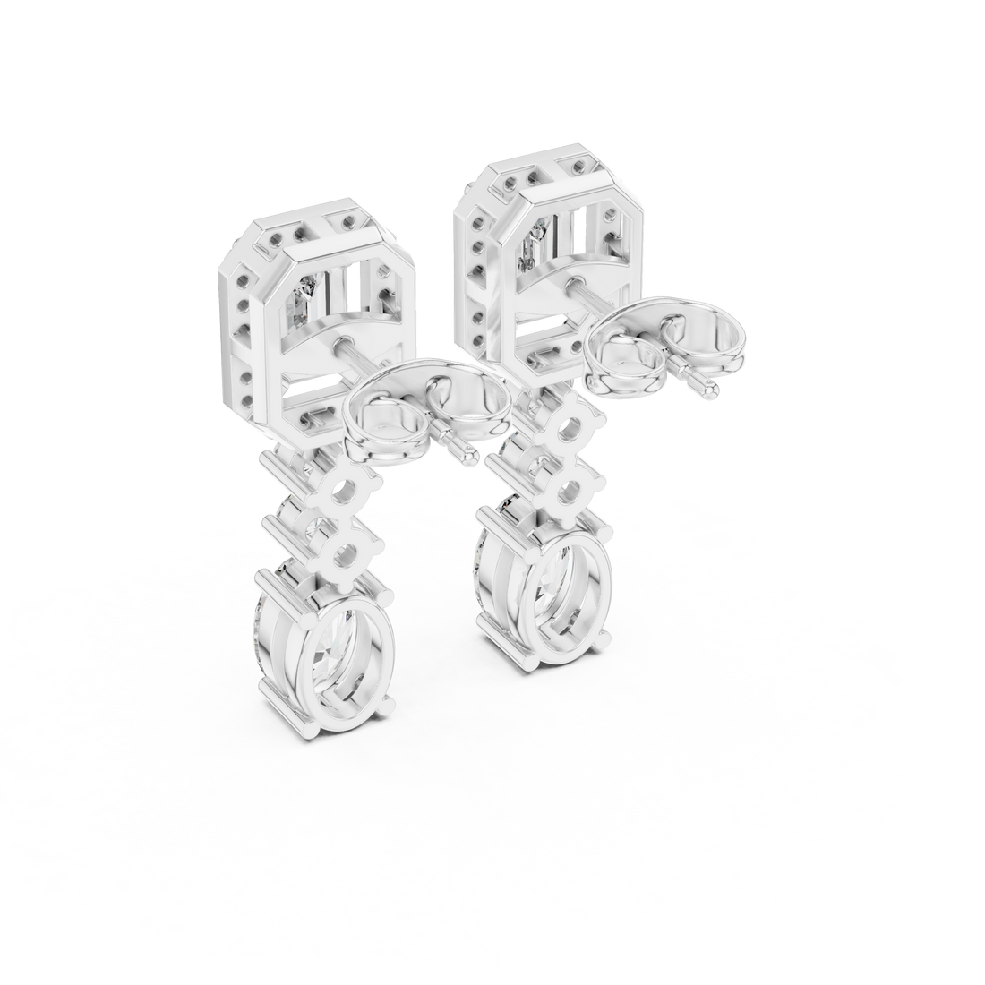 Emerald Halo and Oval Diamond Three Stone Drop Earrings