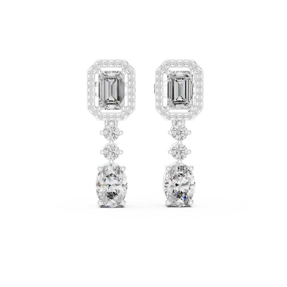 Emerald Halo and Oval Diamond Three Stone Drop Earrings